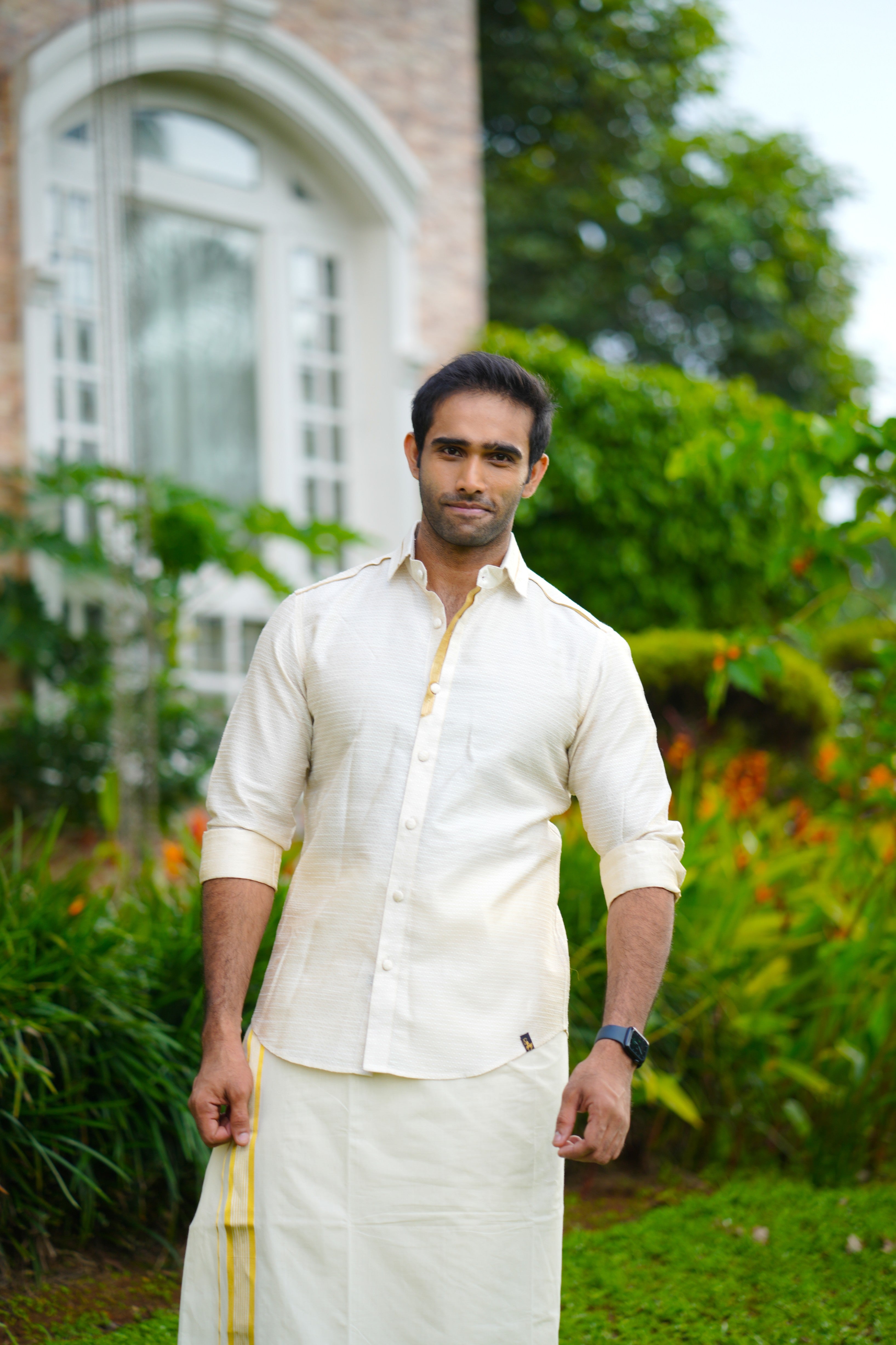 Off White Dotted Silk Cutaway Collar Shirt with Gold Zari Detailing (Shirt Only)