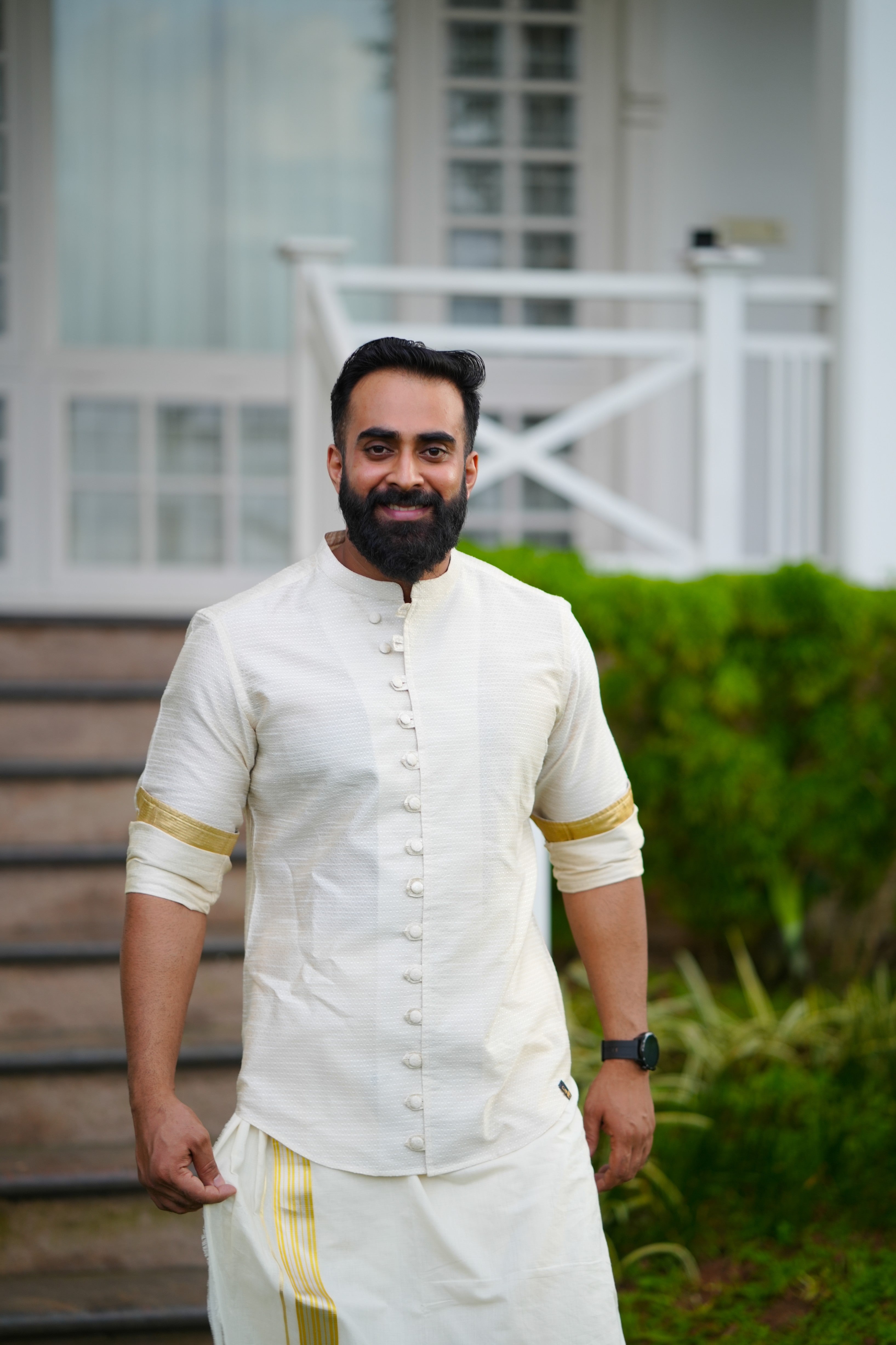 Off White Dotted Silk Chinese Collar Shirt with Gold Zari Detailing (Shirt + Kasavu Munde )