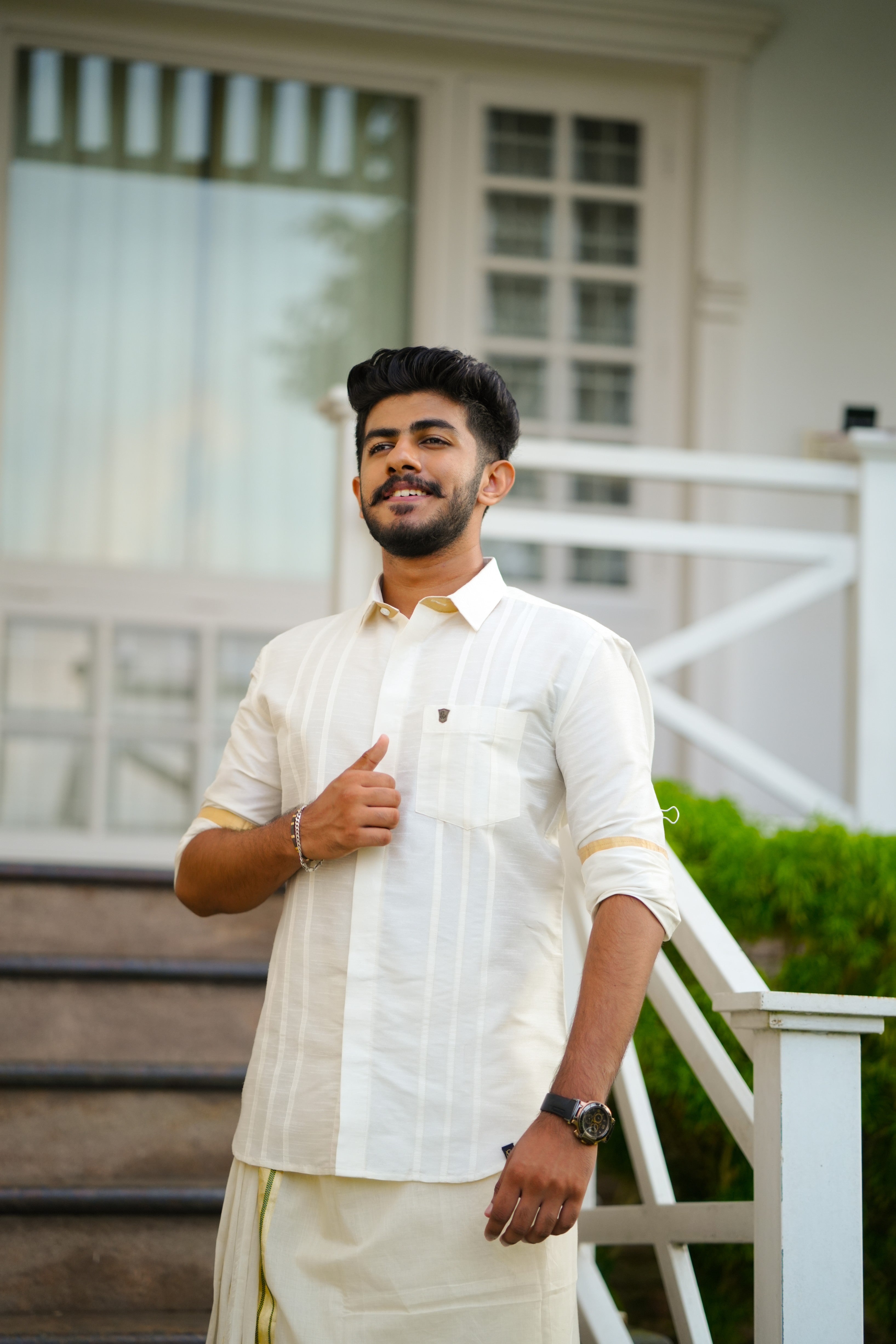 Off White Plain Silk Cutaway Collar Shirt with Gold Zari Detailing (Shirt Only)