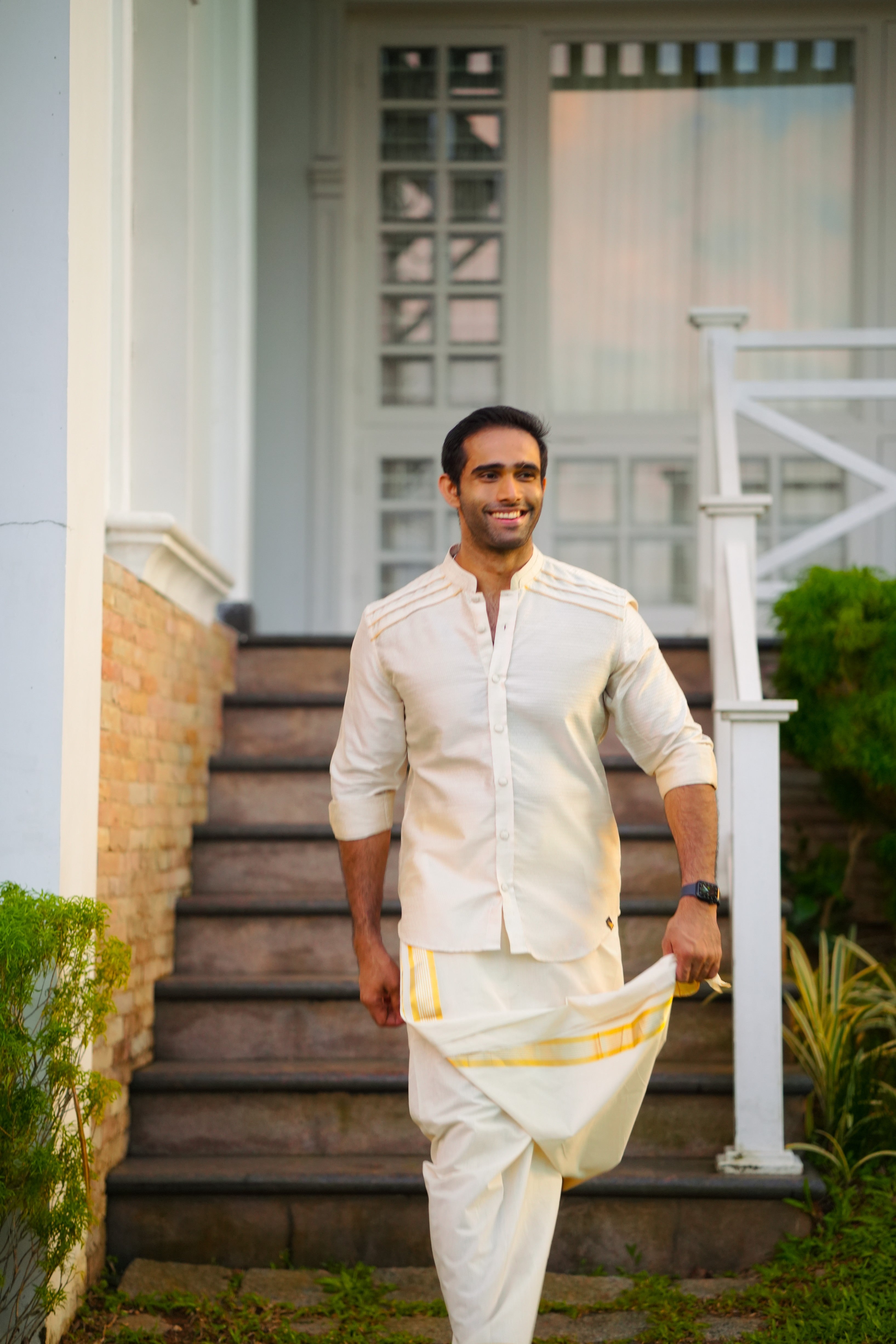 Off White Dotted Silk Chinese Collar Shirt with Gold Zari Detailing (Shirt Only)