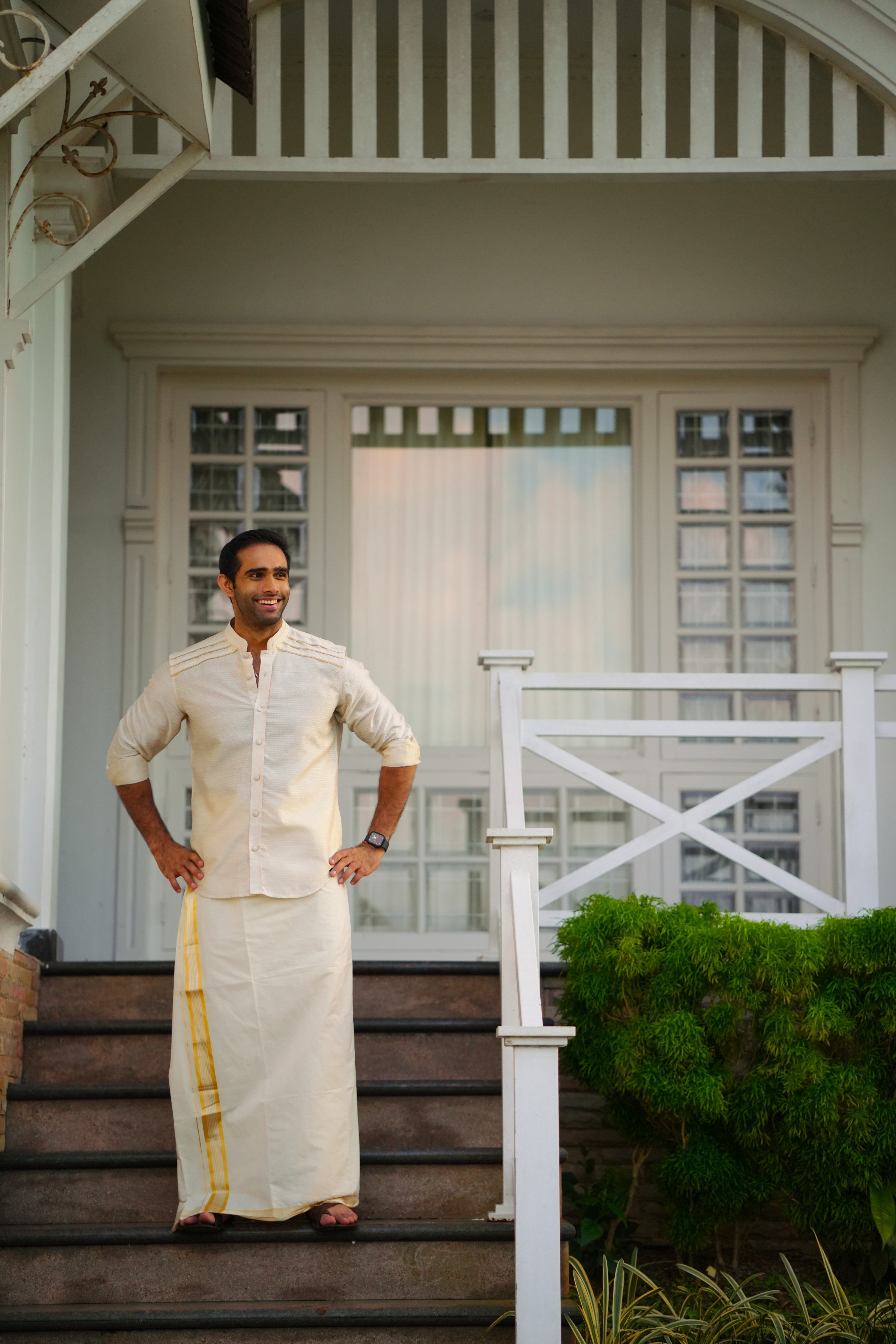 Off White Dotted Silk Chinese Collar Shirt with Gold Zari Detailing (Shirt + Kasavu Munde )