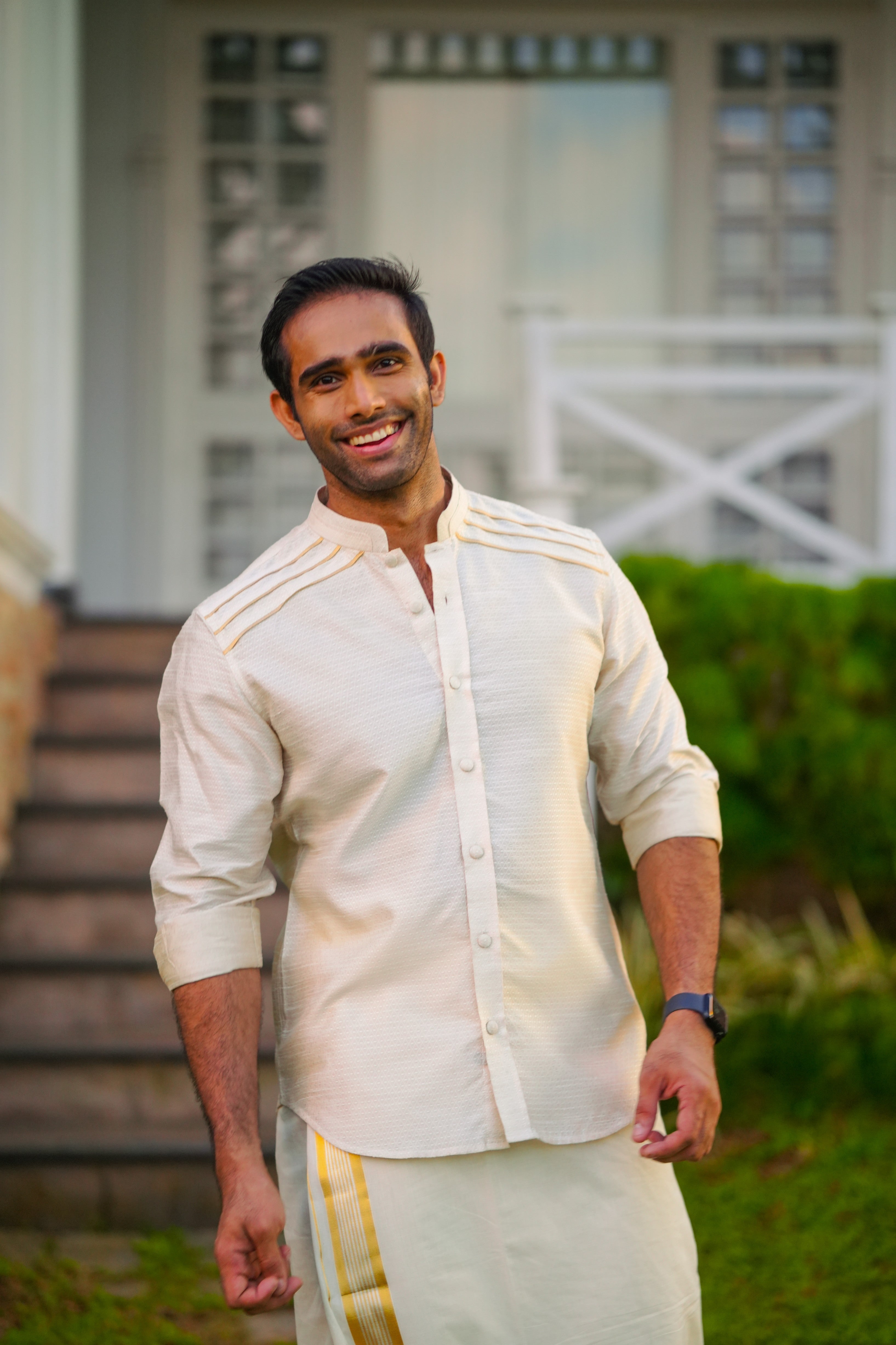 Off White Dotted Silk Chinese Collar Shirt with Gold Zari Detailing (Shirt + Kasavu Munde )