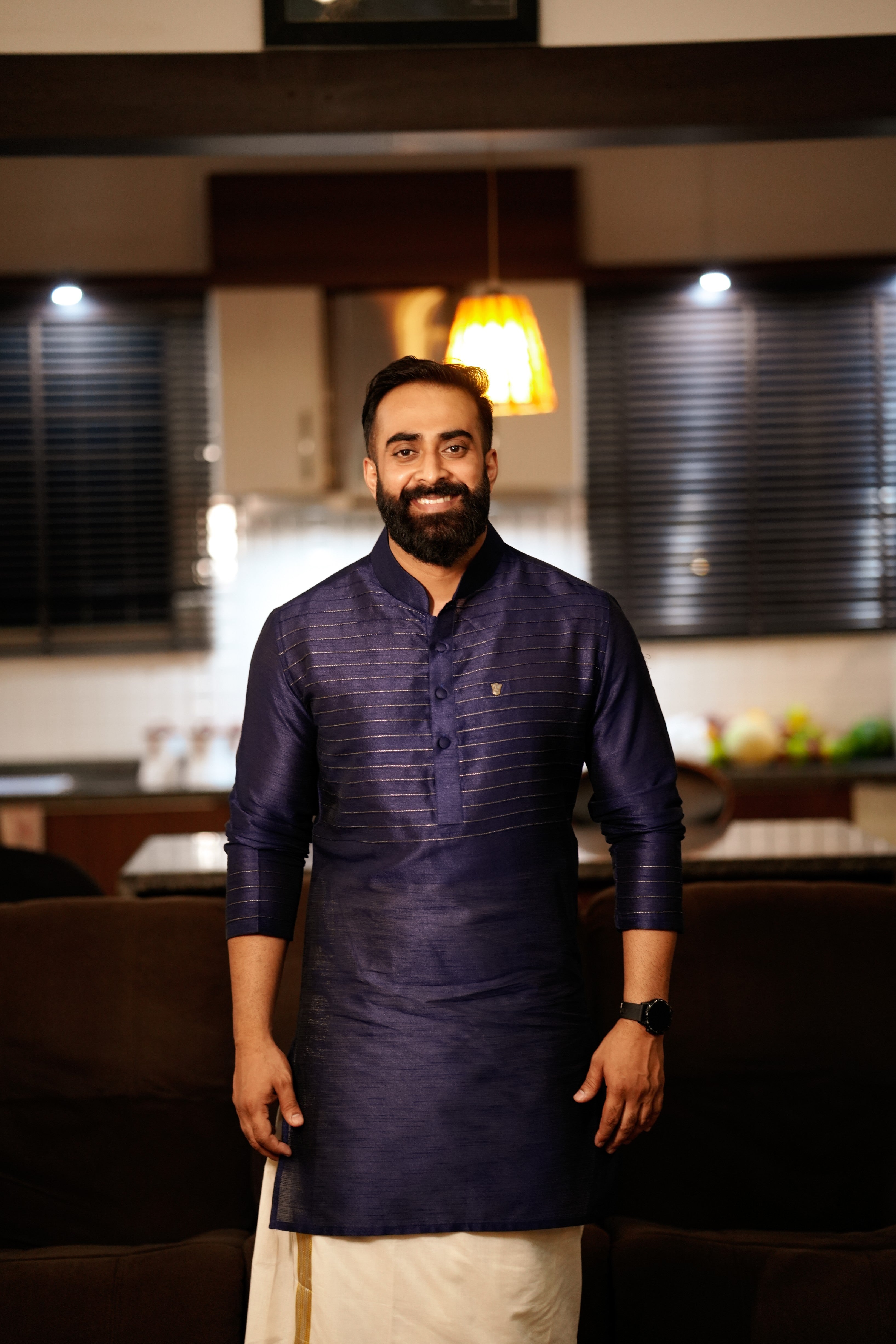 Dark Blue Kurta Set with Horizontal Golden Zari Tucks (Kurta + Kasavu Munde)