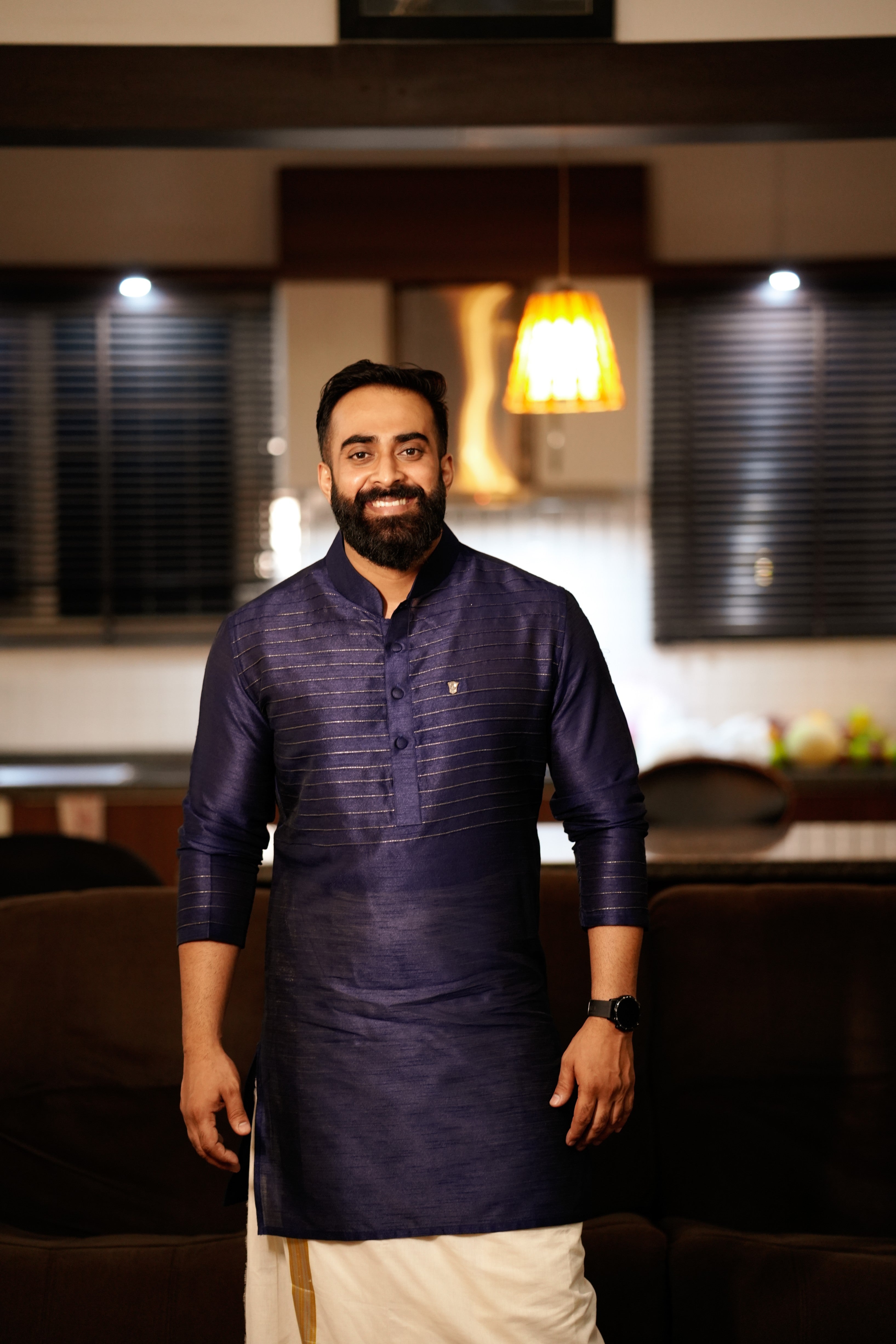 Dark Blue Kurta Set with Horizontal Golden Zari Tucks (Kurta + Kasavu Munde)