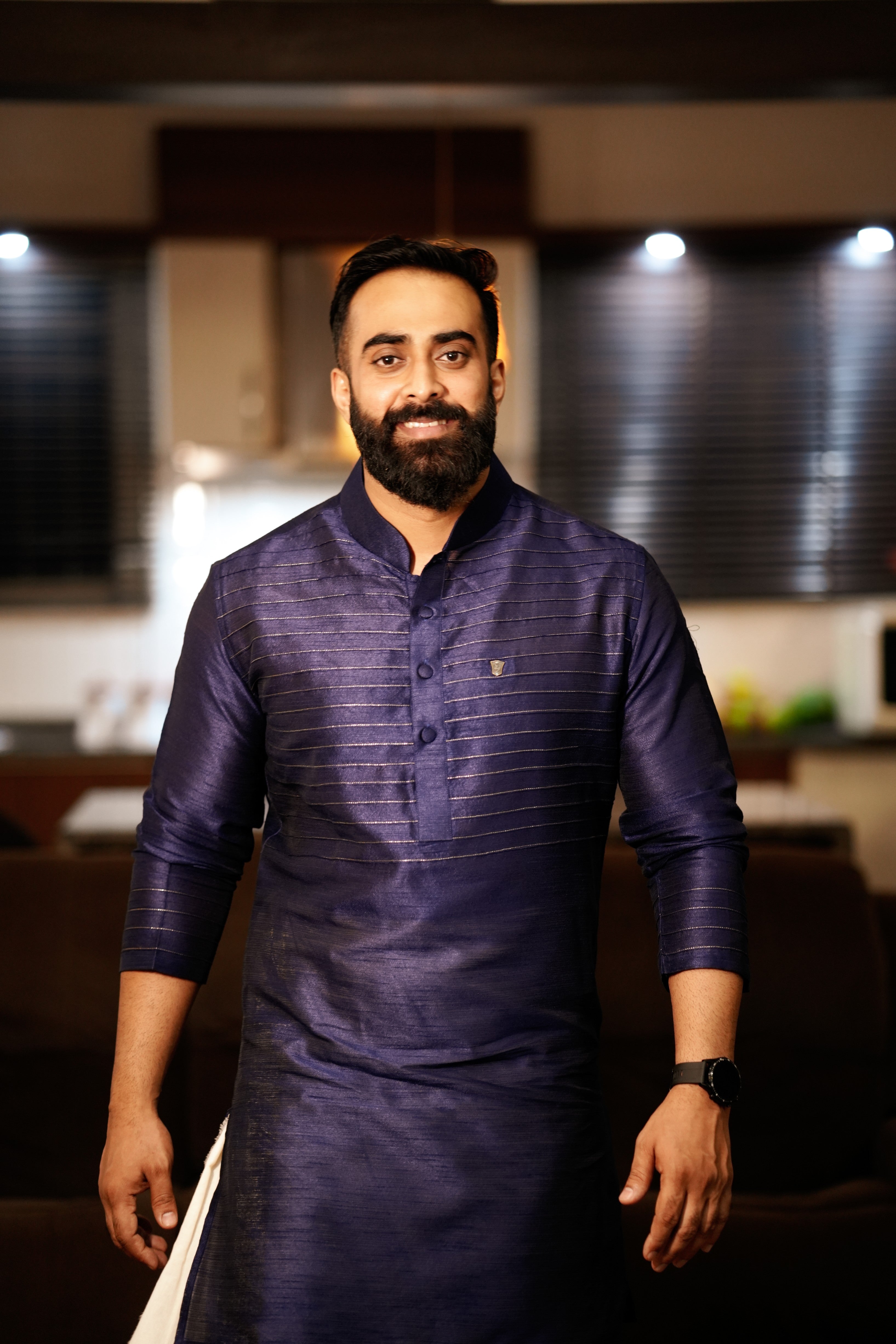 Dark Blue Kurta Set with Horizontal Golden Zari Tucks (Kurta + Kasavu Munde)