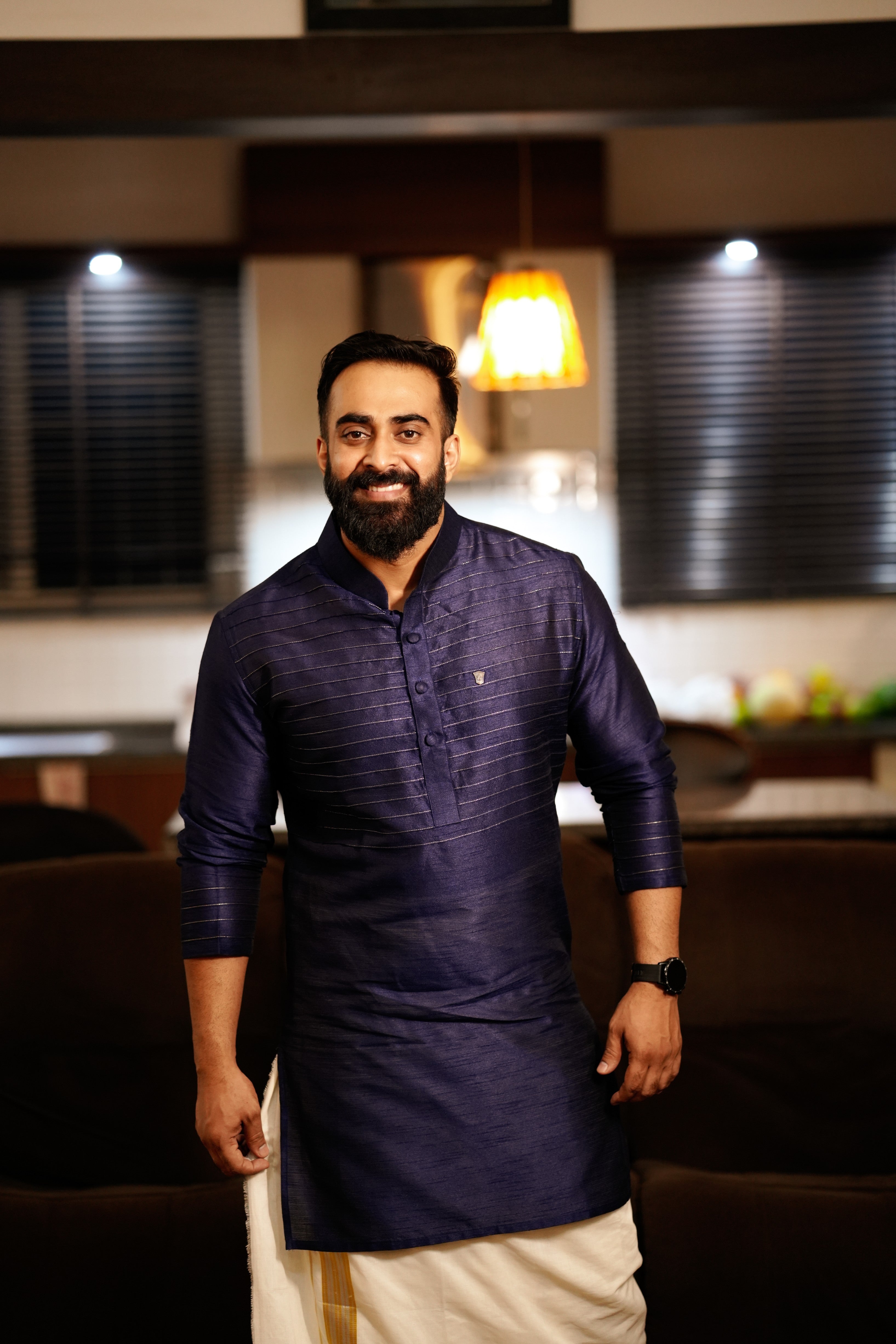 Dark Blue Kurta Set with Horizontal Golden Zari Tucks (Kurta + Kasavu Munde)