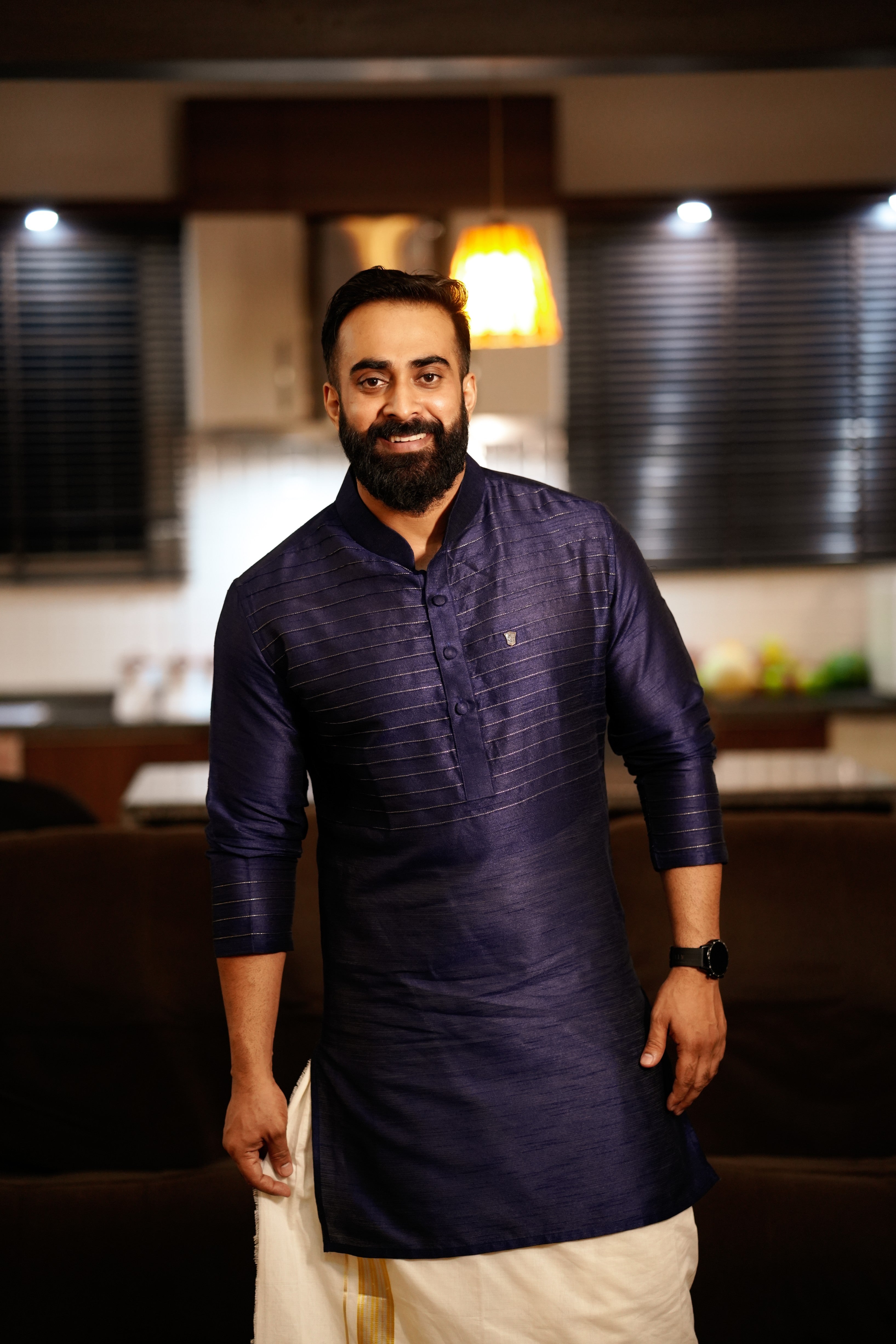Dark Blue Kurta Set with Horizontal Golden Zari Tucks (Kurta + Kasavu Munde)