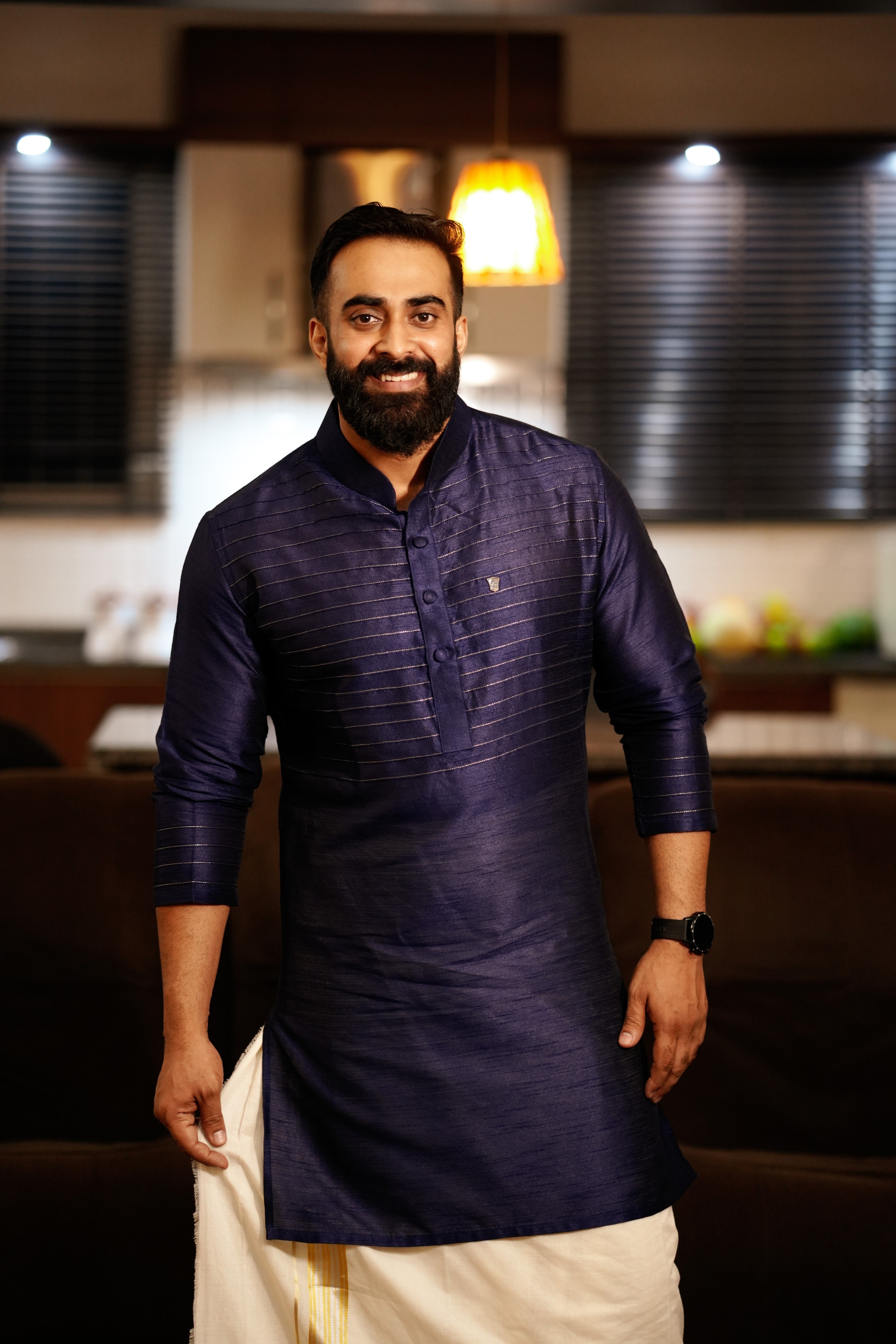 Dark Blue Kurta Set with Horizontal Golden Zari Tucks (Kurta + Kasavu Munde)