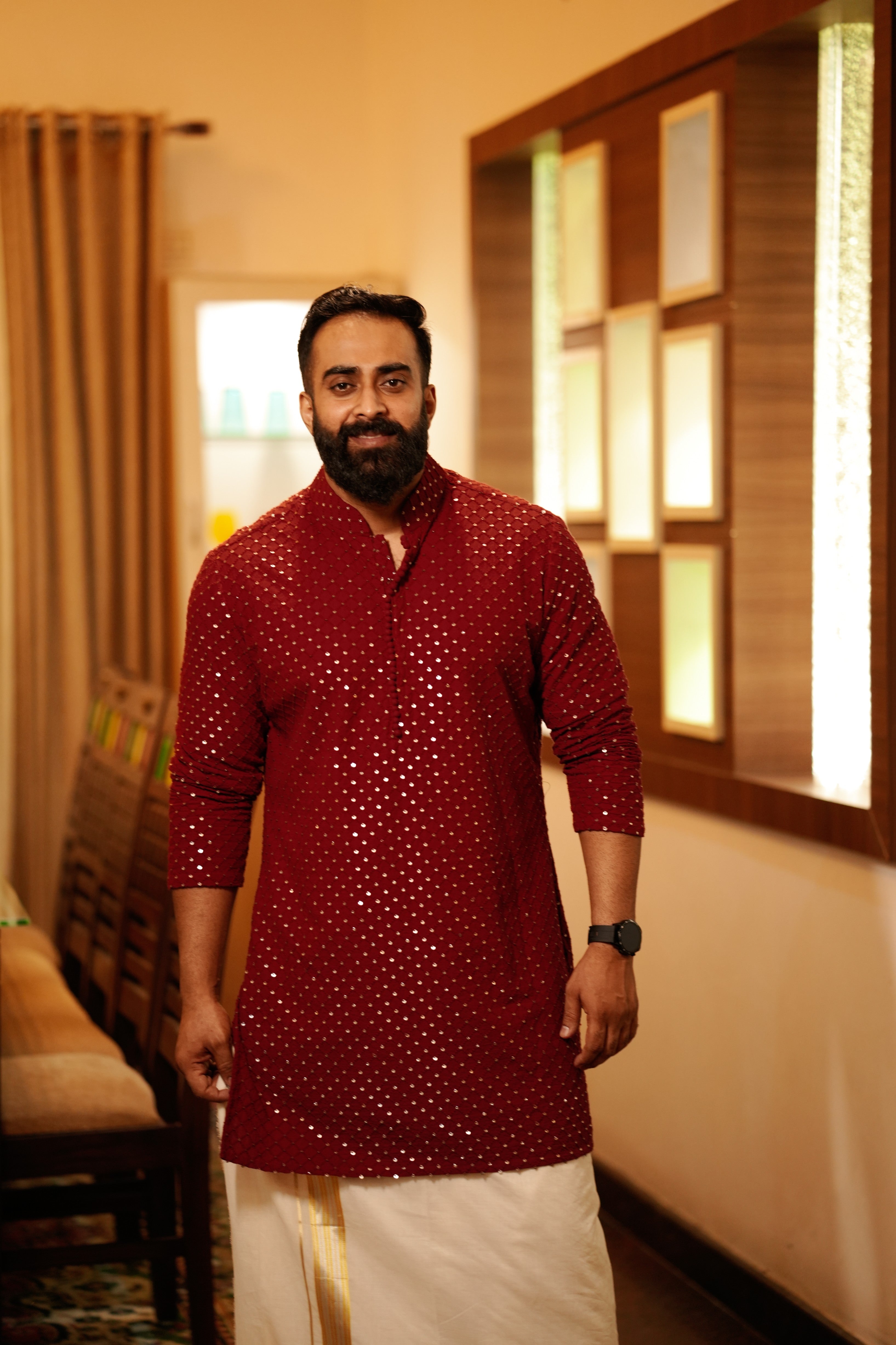 Maroon Red Chikankari Kurta with Golden Sequence Detailing (Only Kurta)