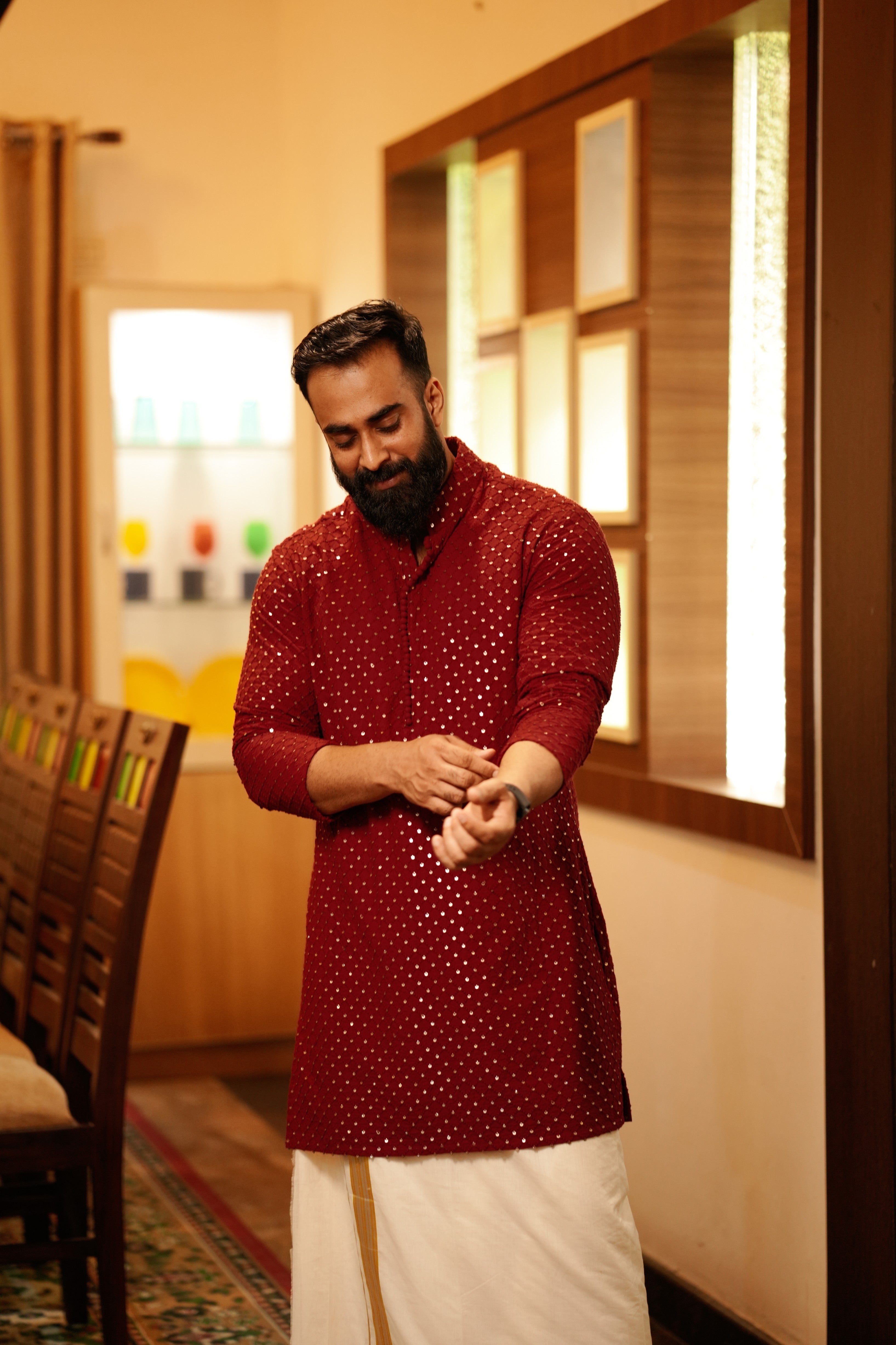 Maroon Red Chikankari Kurta with Golden Sequence Detailing (Only Kurta)