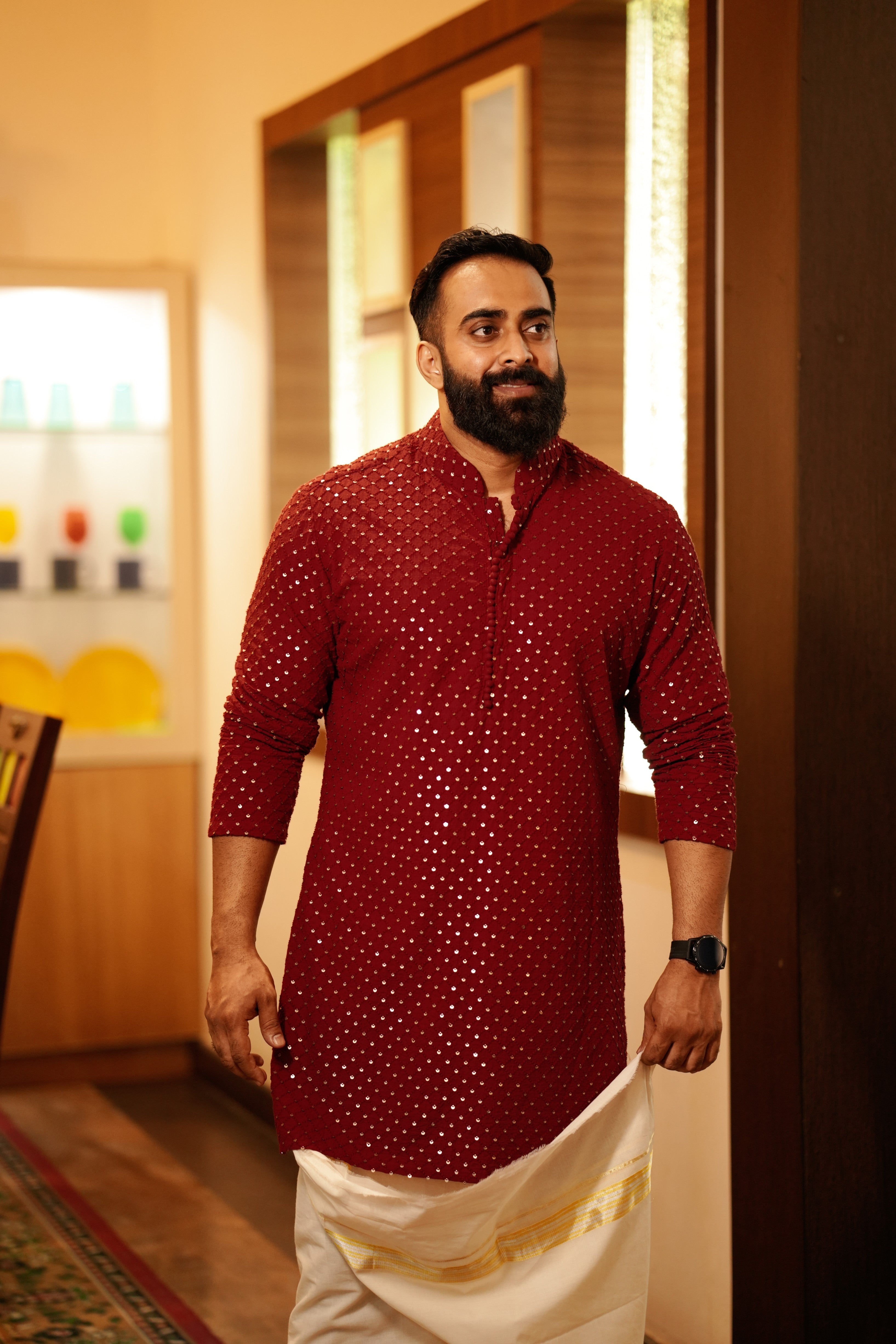 Maroon Red Chikankari Kurta with Golden Sequence Detailing (Only Kurta)