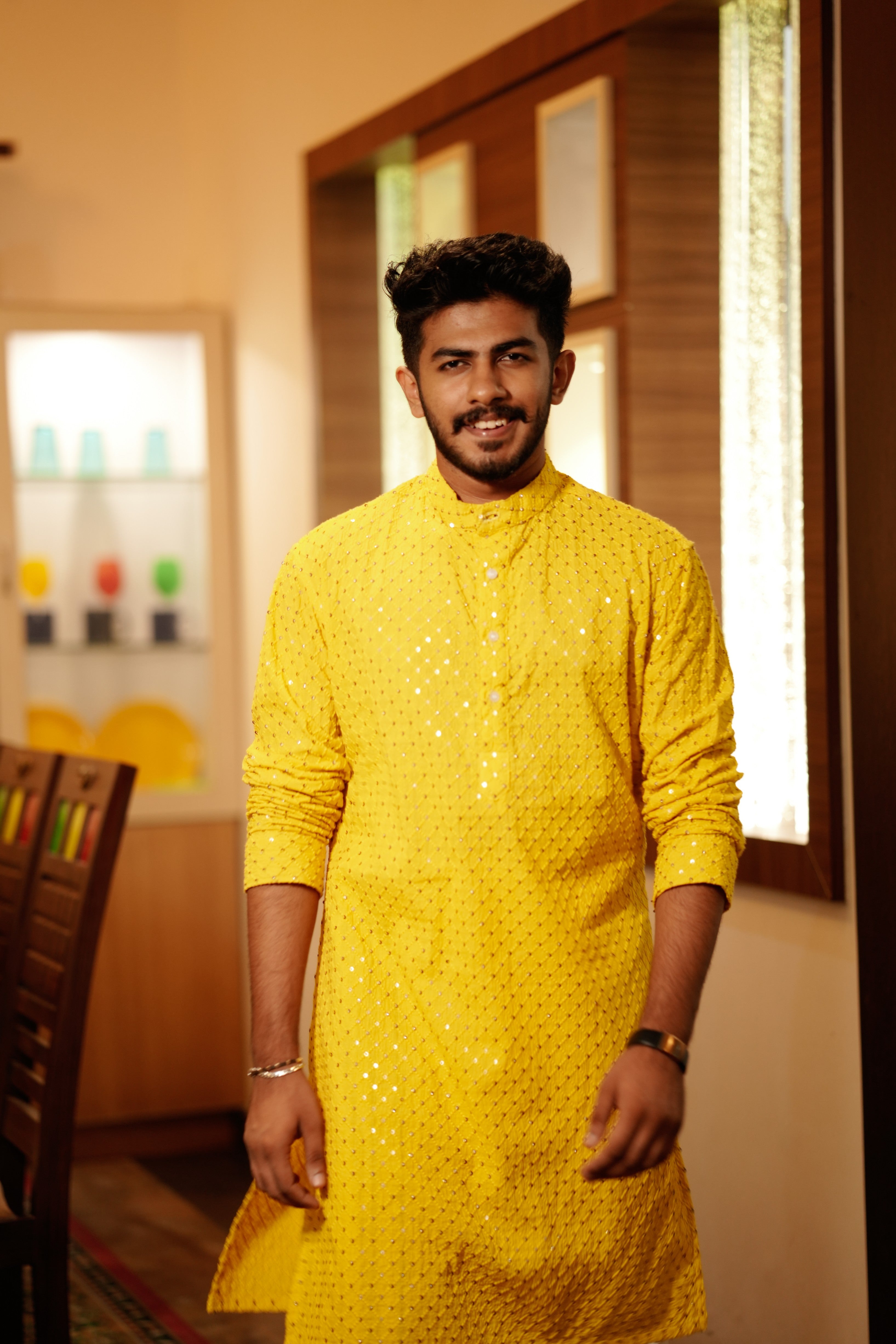 Canary Yellow Chikankari Kurta Set with Golden Sequence Detailing (Kurta + Kasavu Munde)