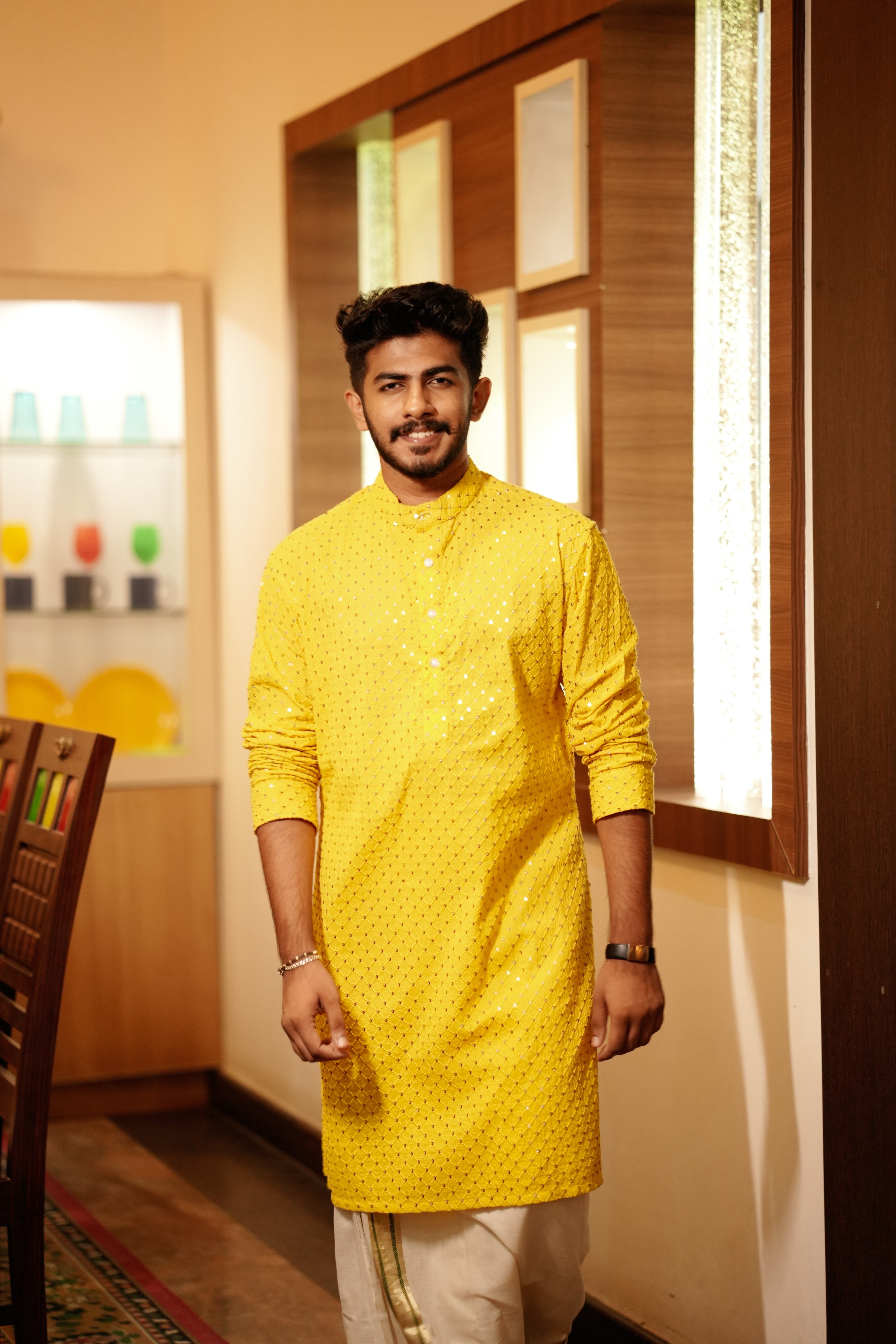 Canary Yellow Chikankari Kurta Set with Golden Sequence Detailing (Kurta + Kasavu Munde)