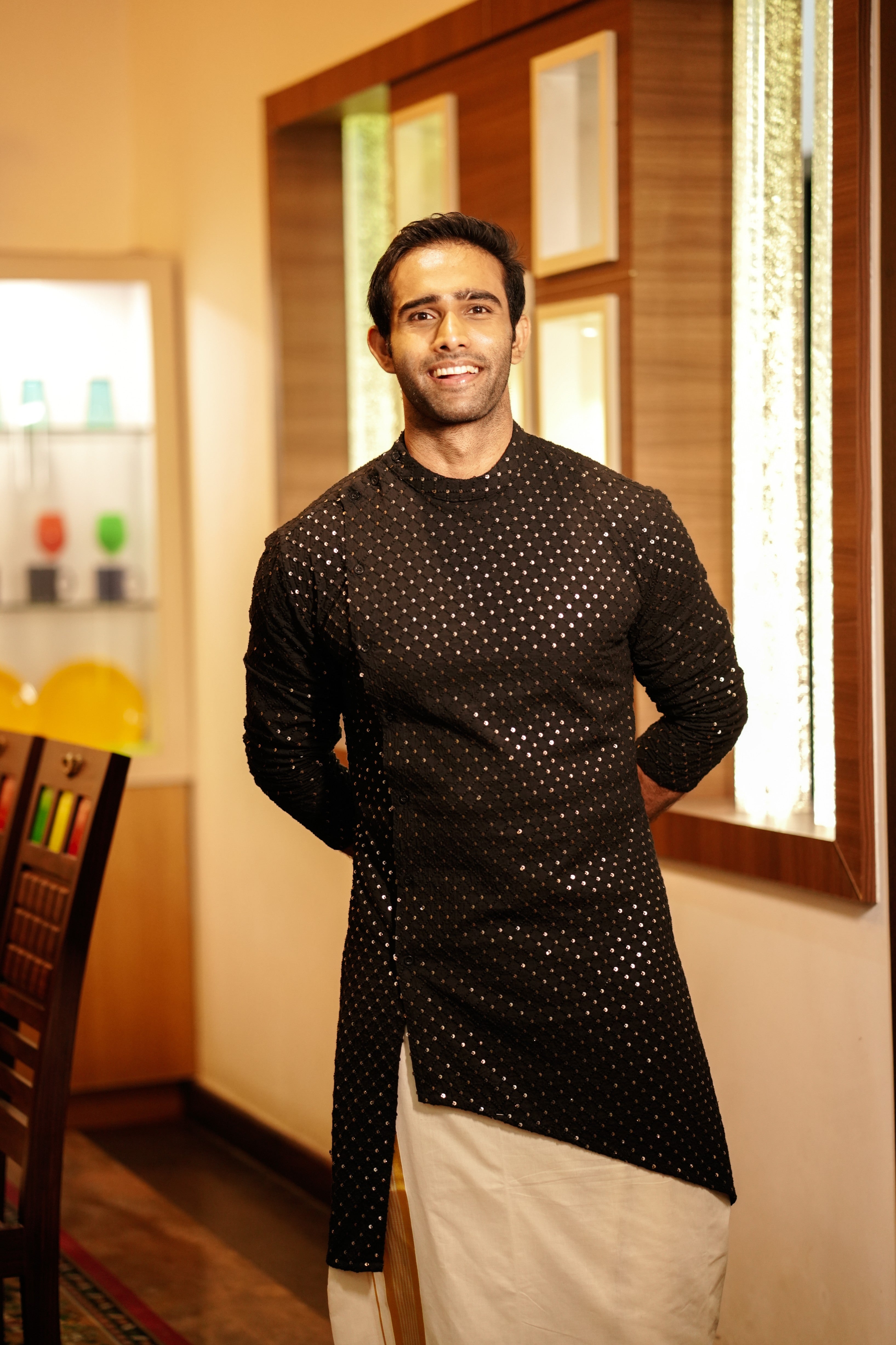 Jade Black Chikankari Kurta Set with Golden Sequence Detailing (Kurta + Kasavu Munde)