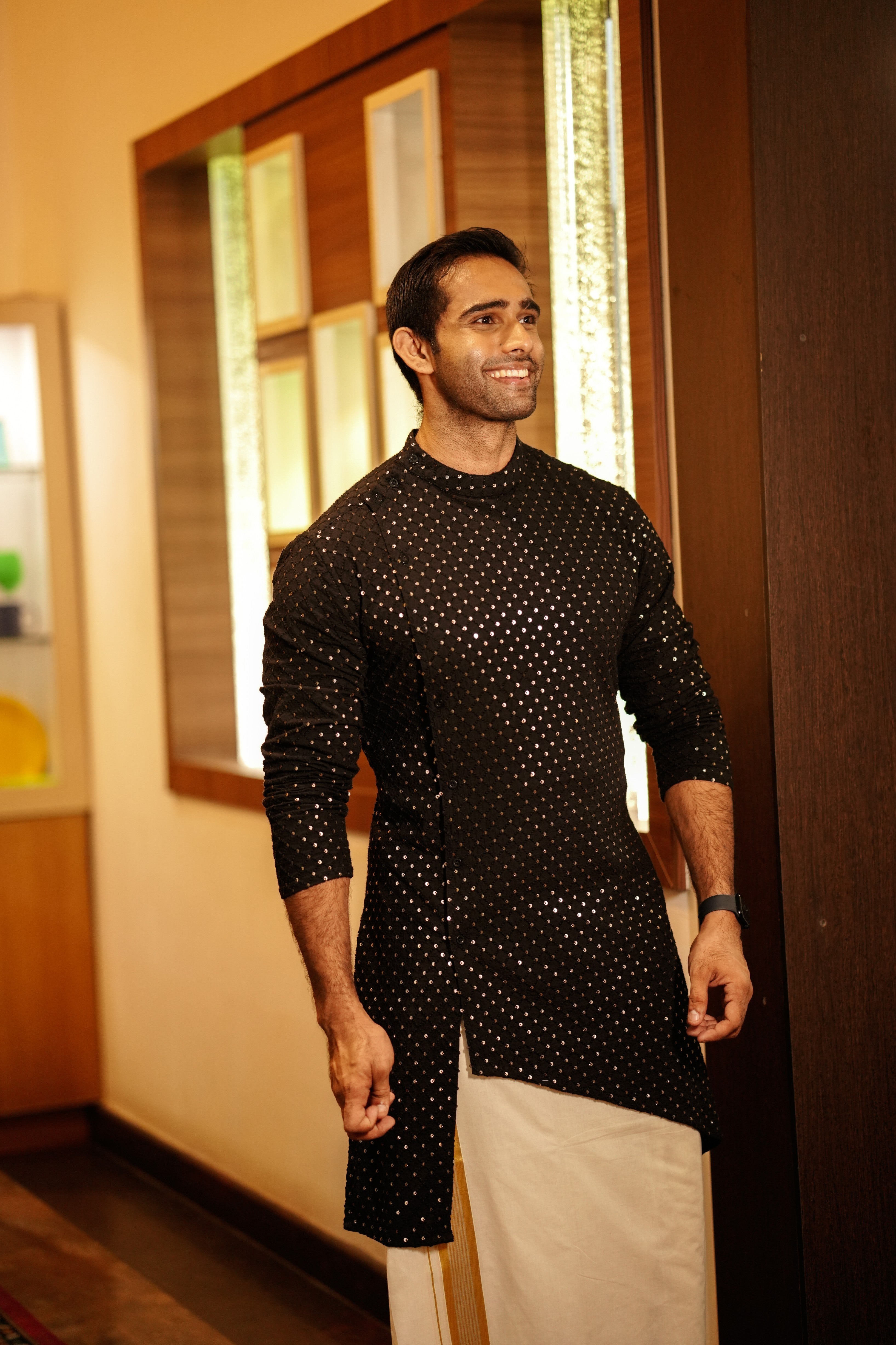 Jade Black Chikankari Kurta with Golden Sequence Detailing (Only Kurta)