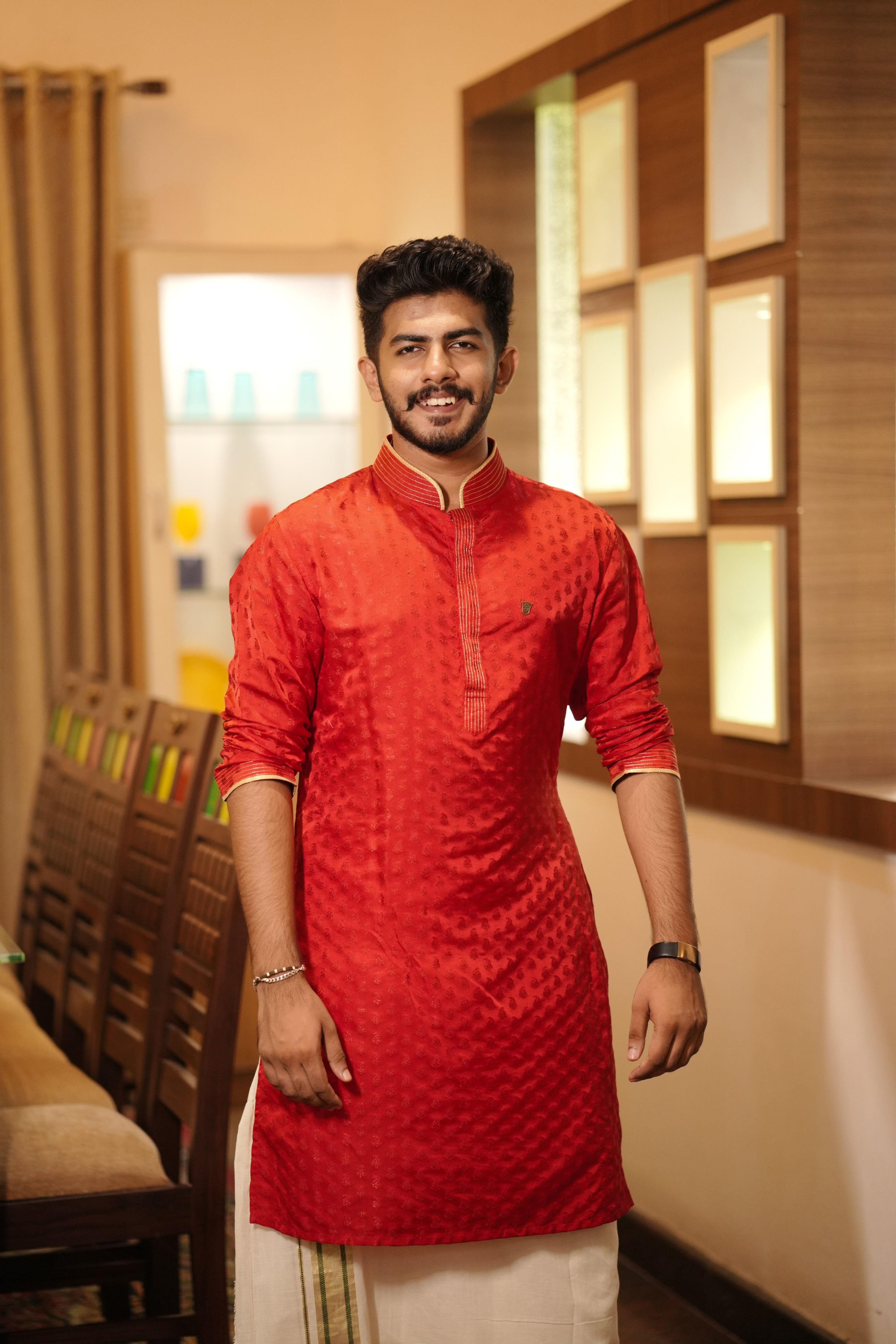 Apple Red Brocade Kurta Set with Golden Zari Thread Detailing (Kurta + Kasavu Munde)