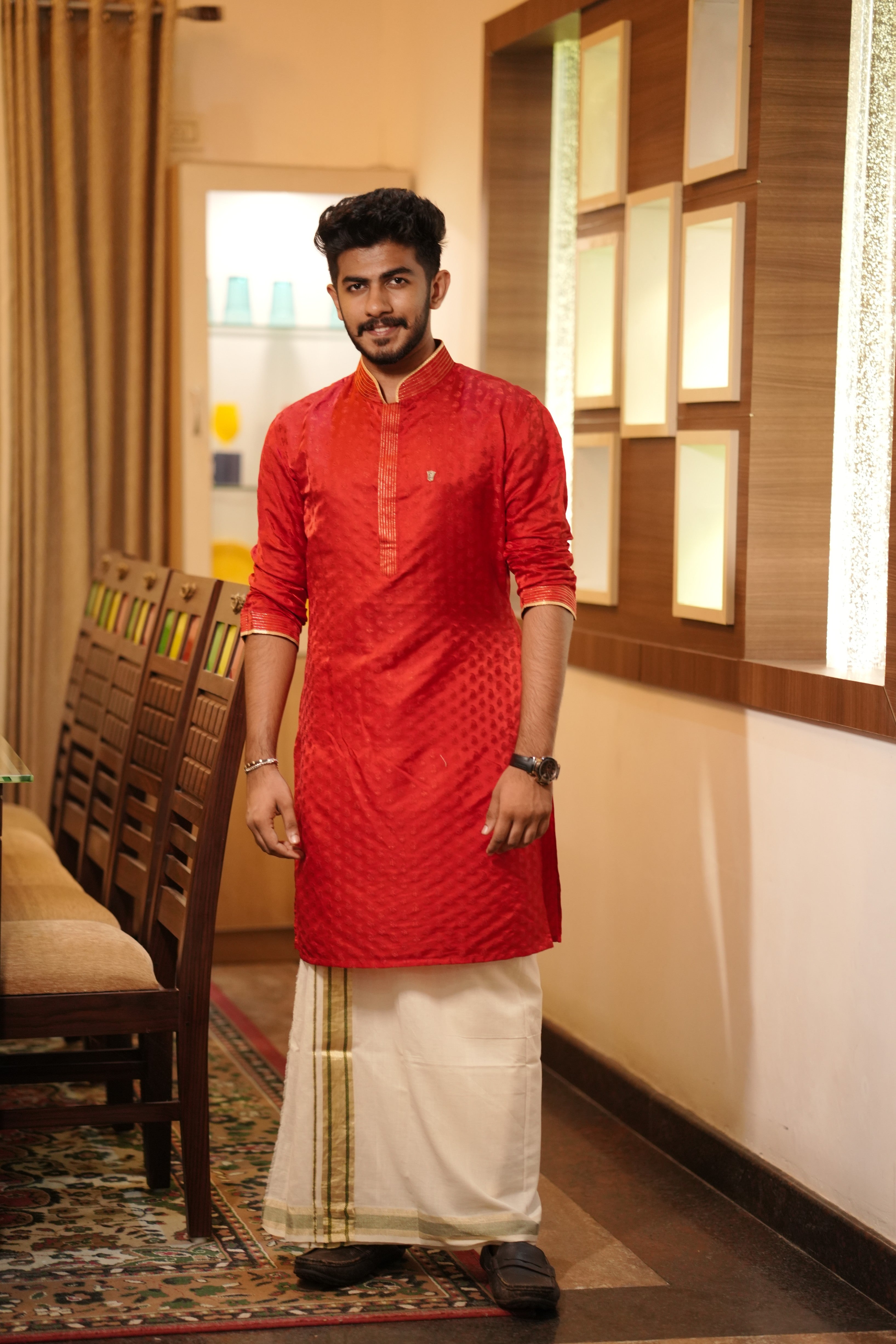 Apple Red Brocade Kurta Set with Golden Zari Thread Detailing (Kurta + Kasavu Munde)
