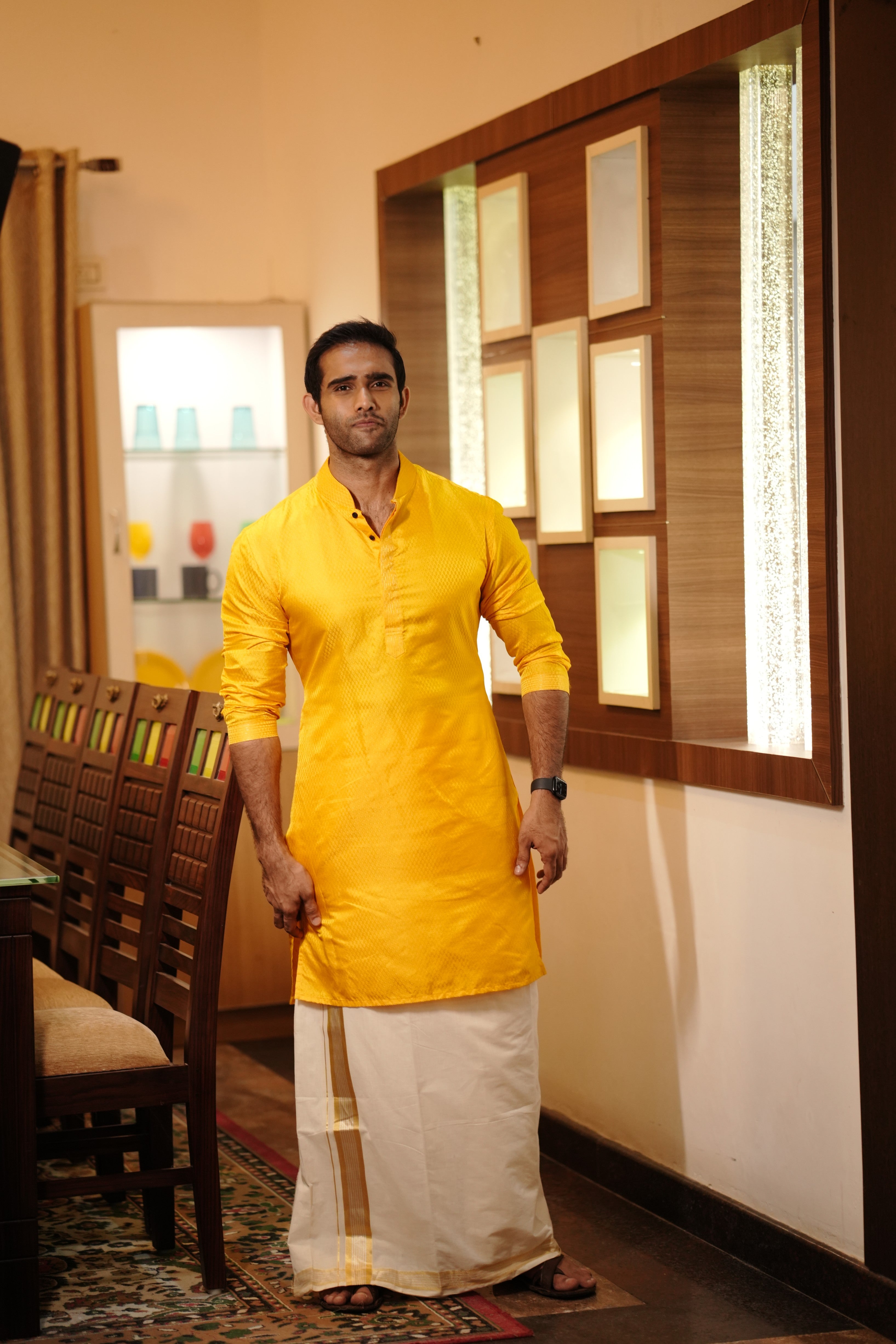 Marigold Yellow Silk Kurta Set With Golden Zari Stitch Detailing (Kurta + Kasavu Munde)