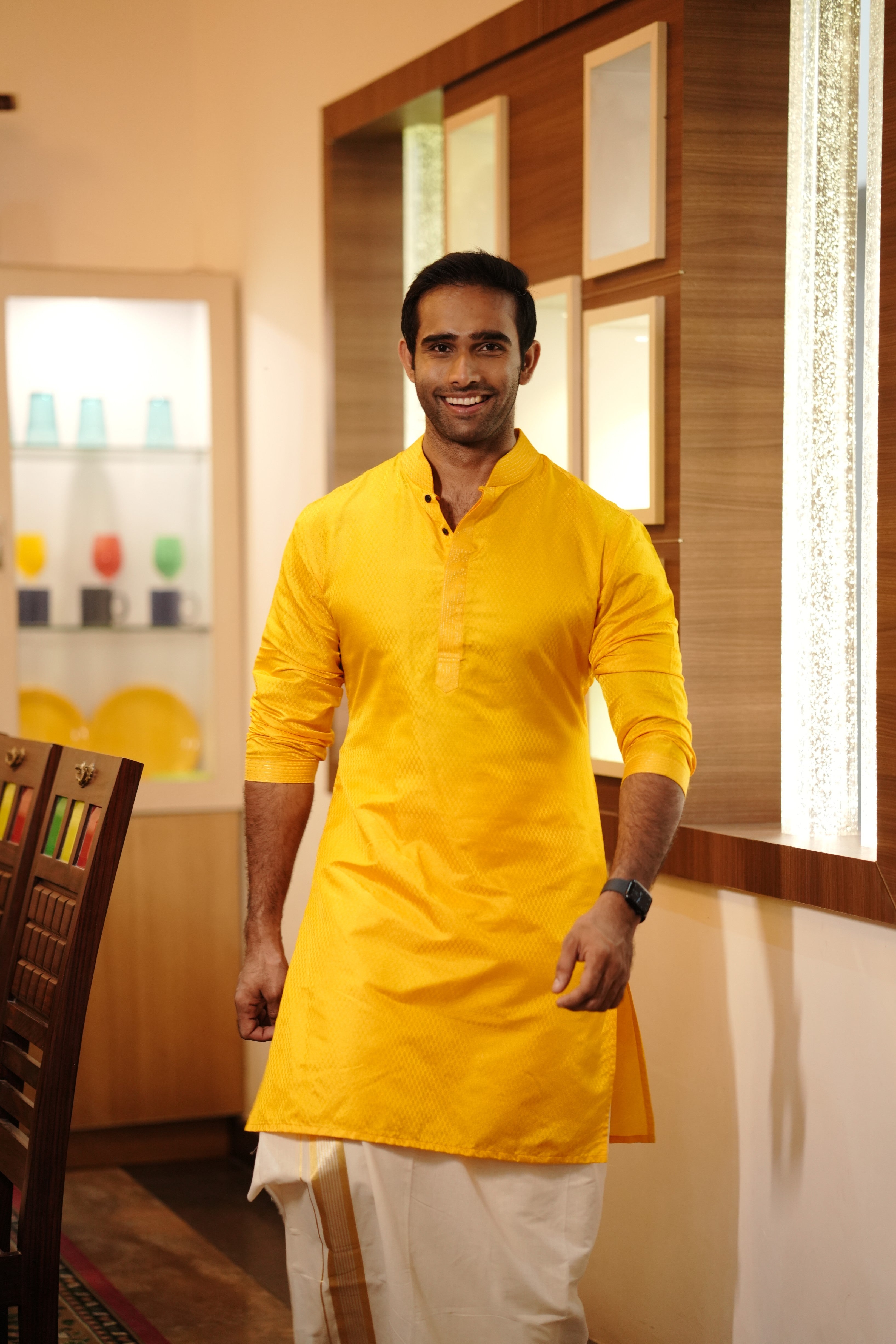 Marigold Yellow Silk Kurta Set With Golden Zari Stitch Detailing (Kurta + Kasavu Munde)