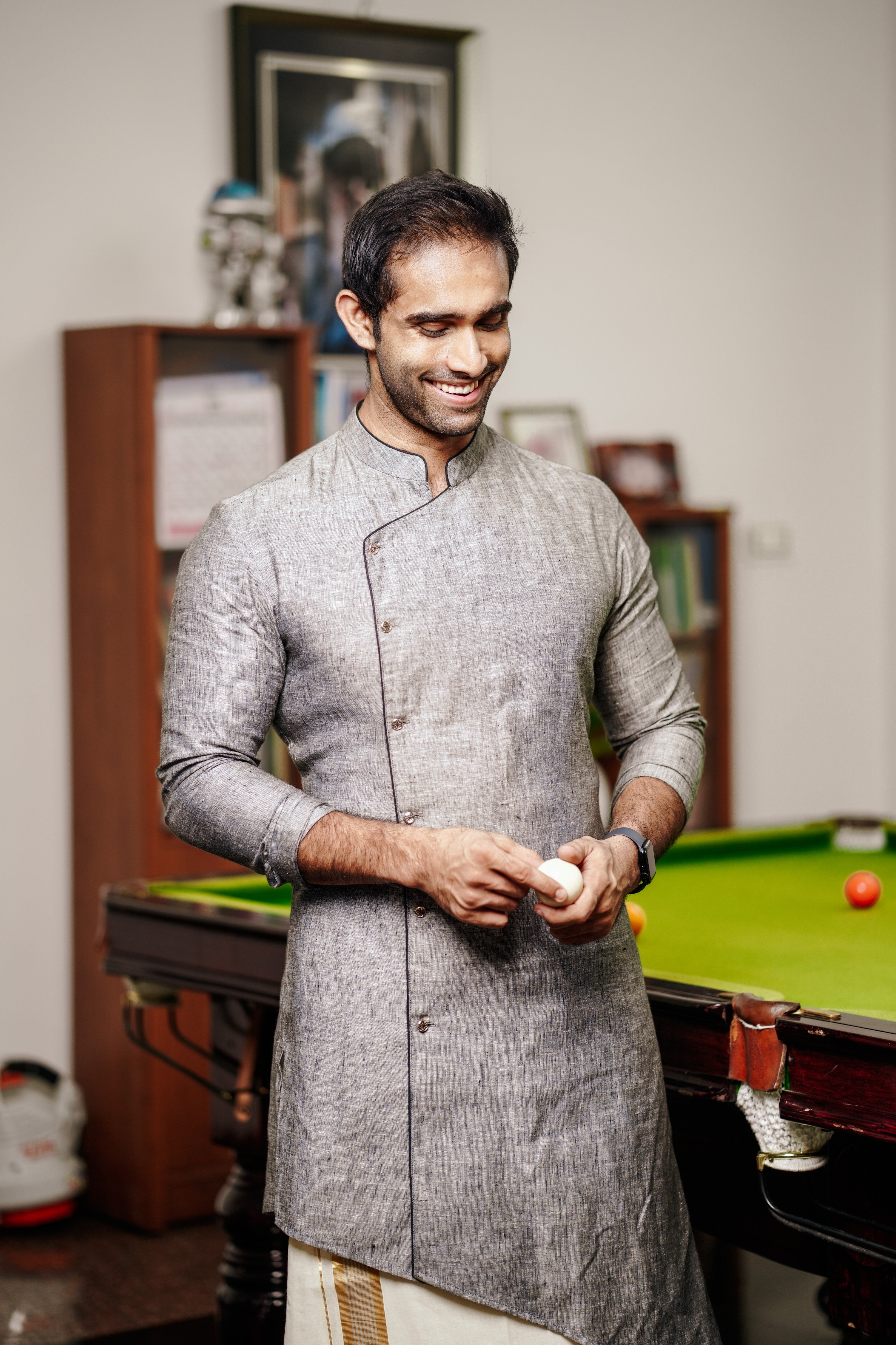 Steel Grey Irish Linen Asymmetrical Side Open Kurta Set (Kurta + Kasavu Munde)