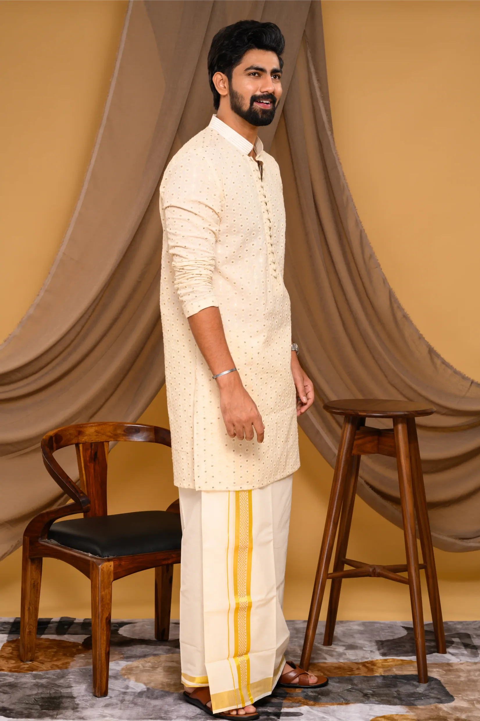 Off White Chikankari Kurta with small Golden Buta design  (Kurta Only)