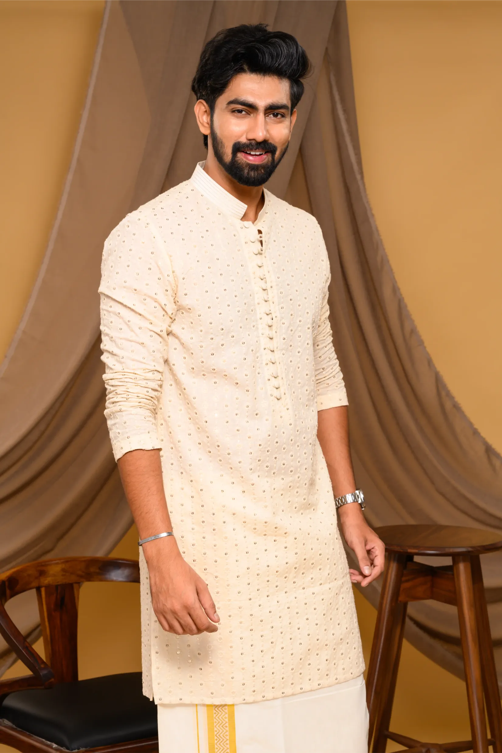 Off White Chikankari Kurta with small Golden Buta design  (Kurta Only)