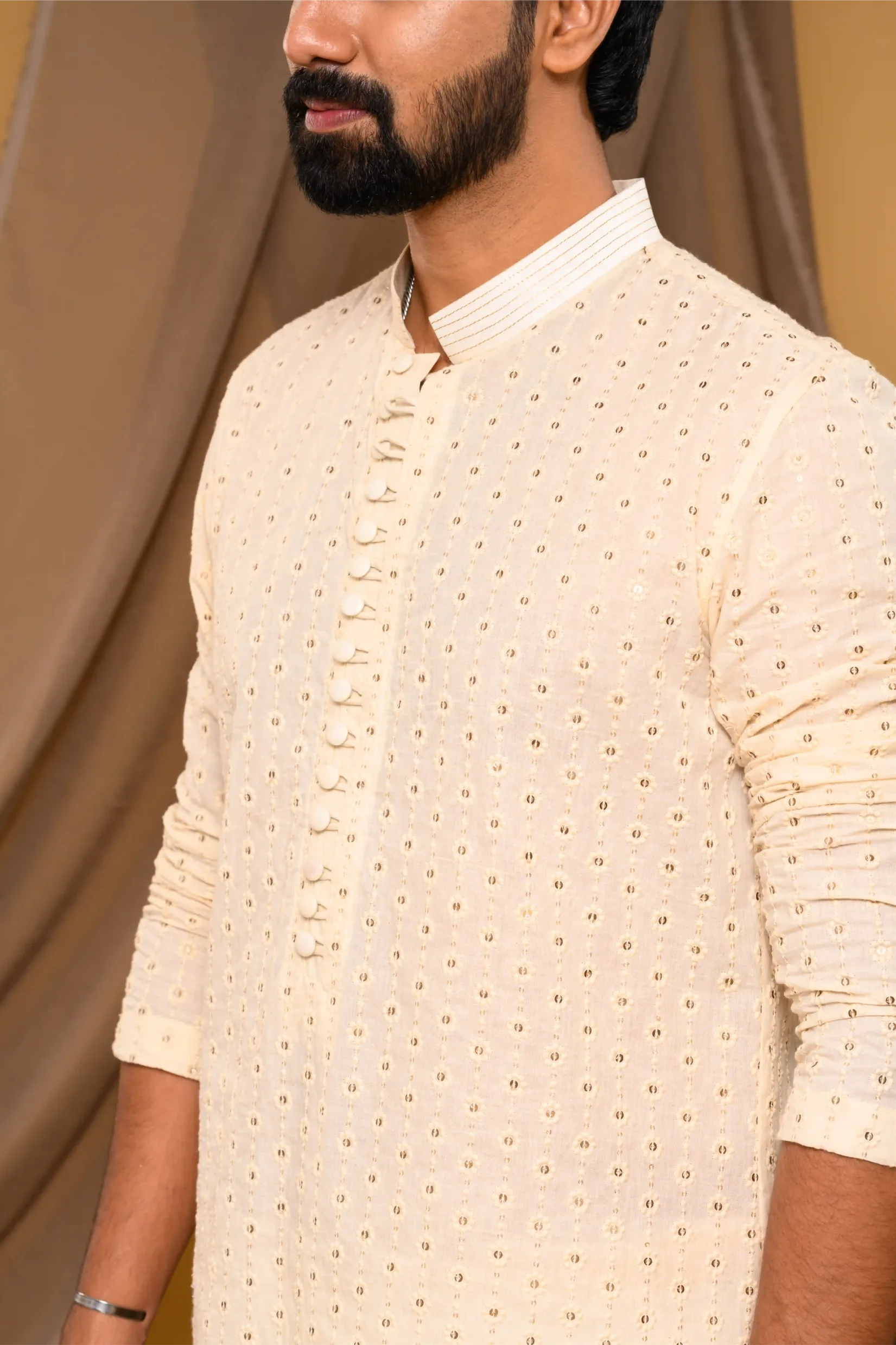 Off White Chikankari Kurta with small Golden Buta design  (Kurta Only)