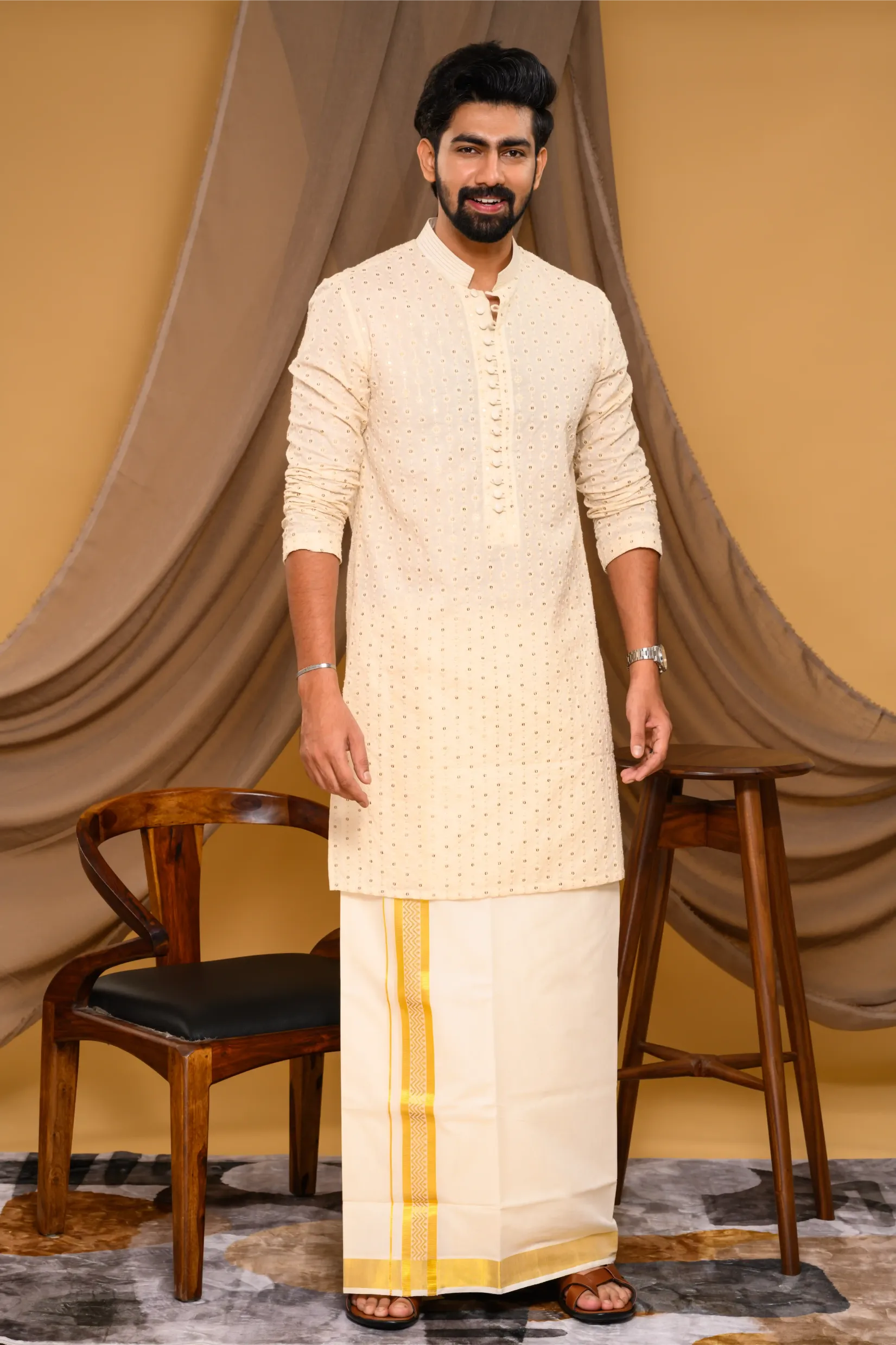 Off White Chikankari Kurta with small Golden Buta design  (Kurta Only)