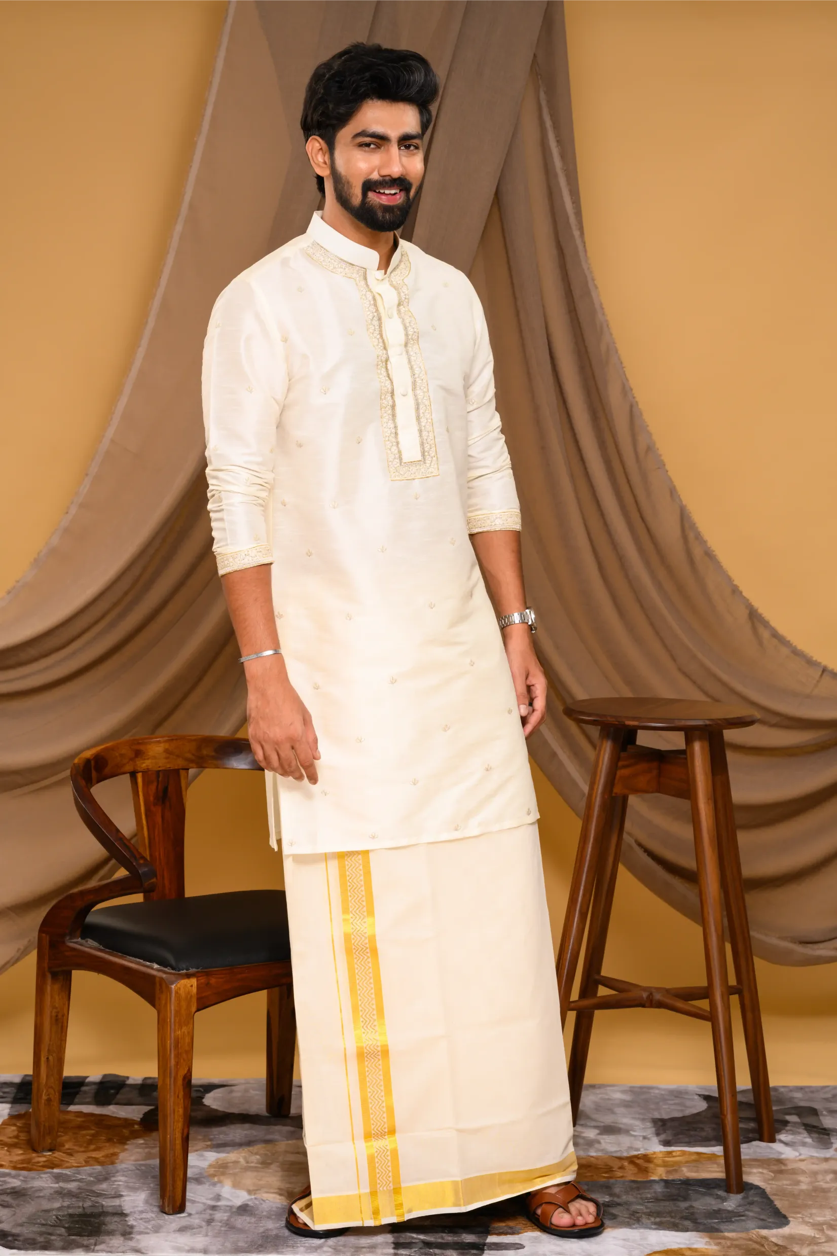 Off- White Silk Kurta with Hand Embroidery detailing  on placket, neck border & sleeve edge - floral body spread work  (Kurta Only)