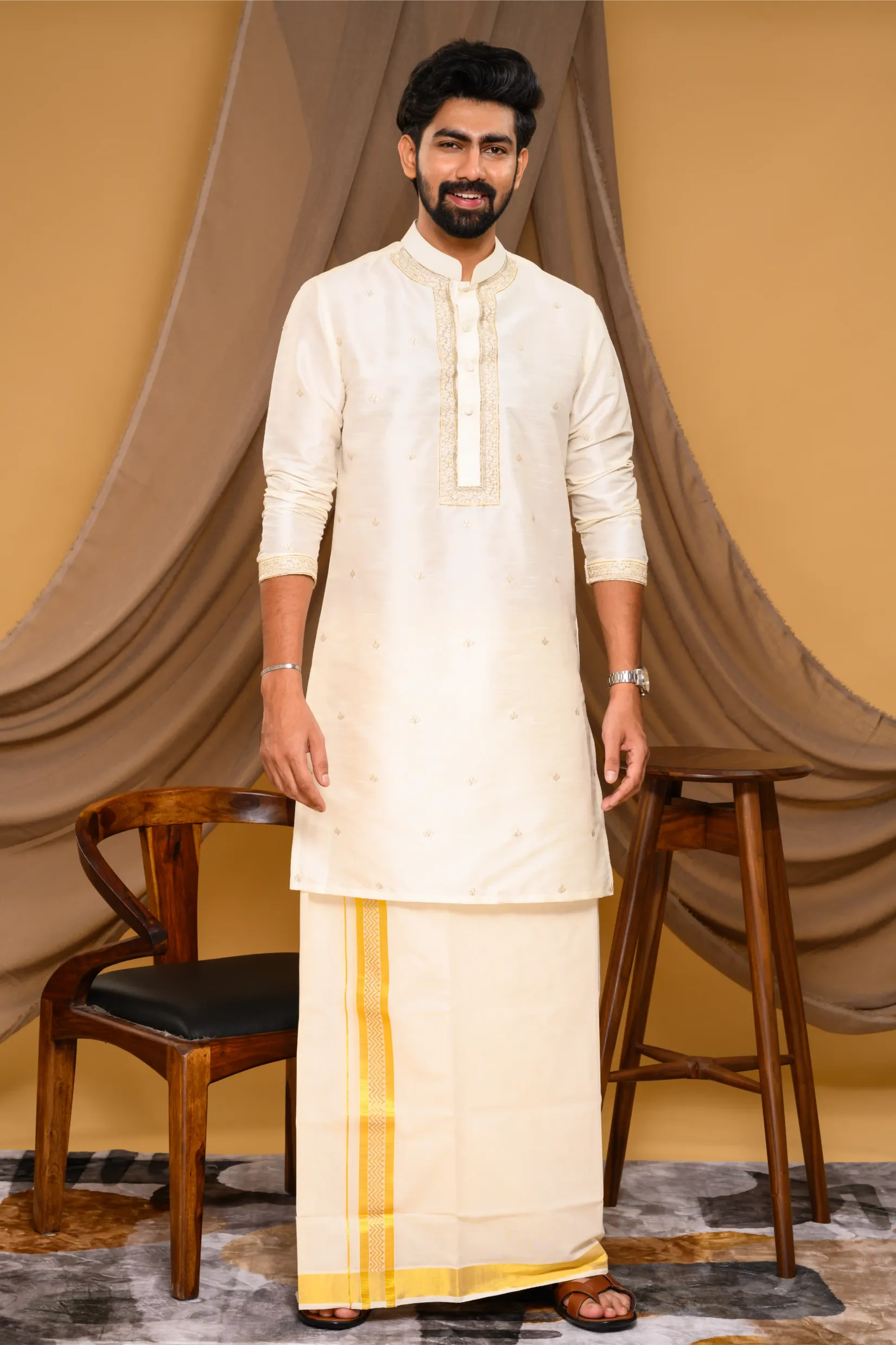 Off- White Silk Kurta with Hand Embroidery detailing  on placket, neck border & sleeve edge - floral body spread work  (Kurta Only)