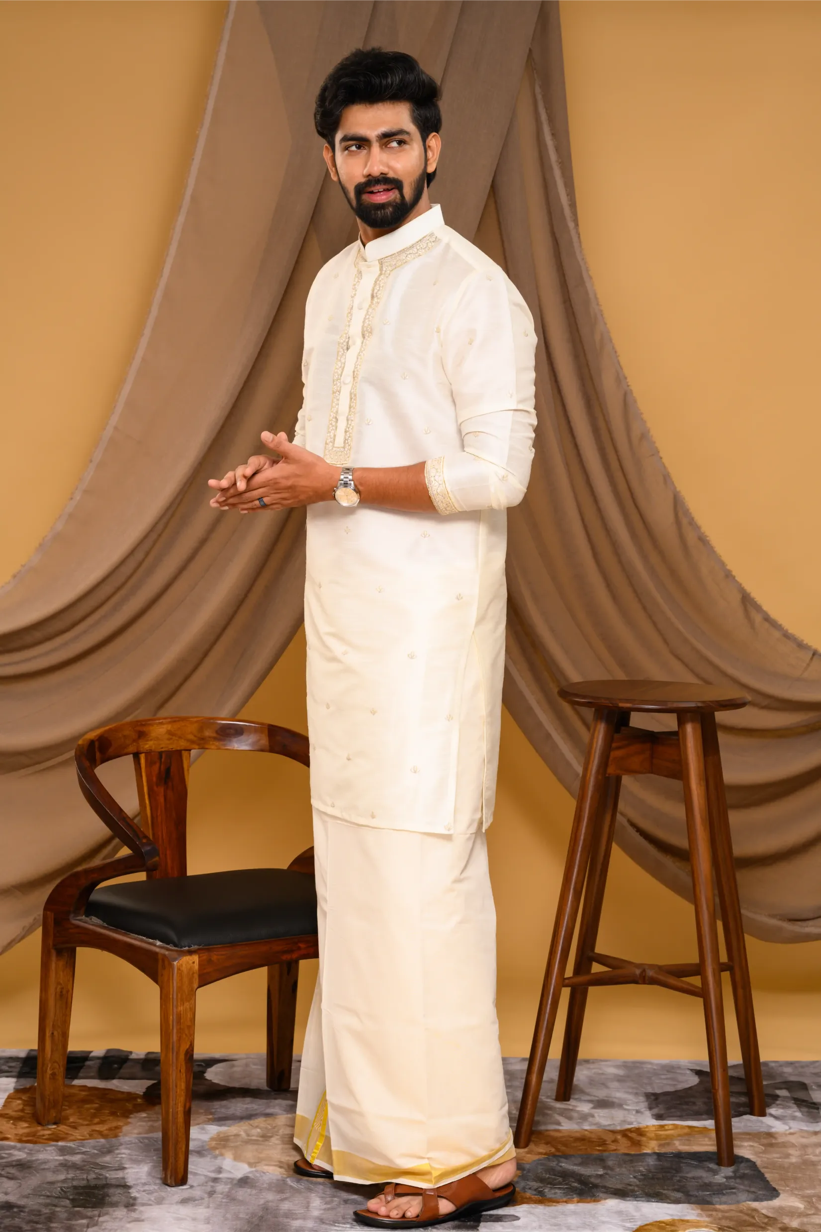 Off- White Silk Kurta with Hand Embroidery detailing  on placket, neck border & sleeve edge - floral body spread work  (Kurta Only)