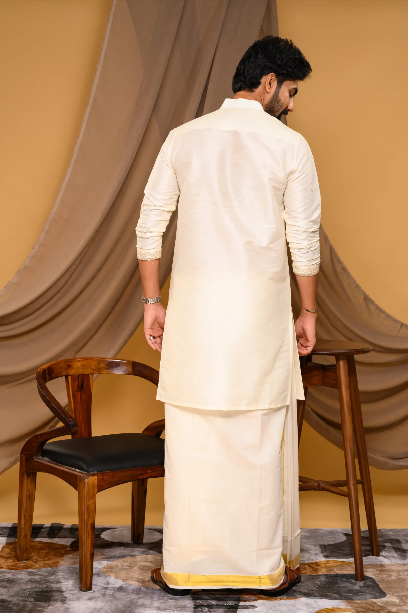 Off- White Silk Kurta with Hand Embroidery detailing  on placket, neck border & sleeve edge - floral body spread work  (Kurta Only)