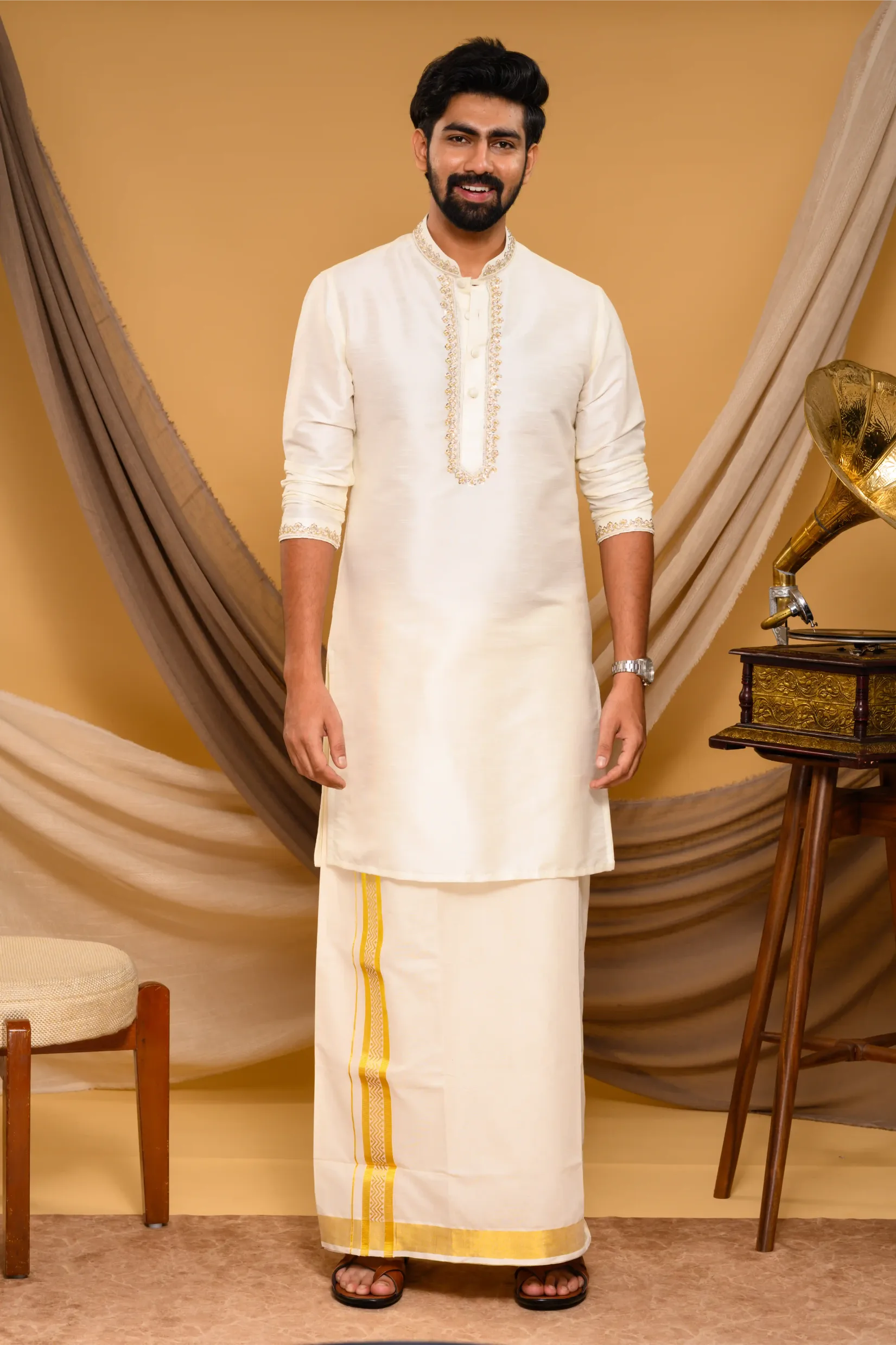 Off- White Silk Kurta with Hand Embroidery detailing  on Neck, placket edge & sleeve edge - floral body spread work  (Kurta Only)