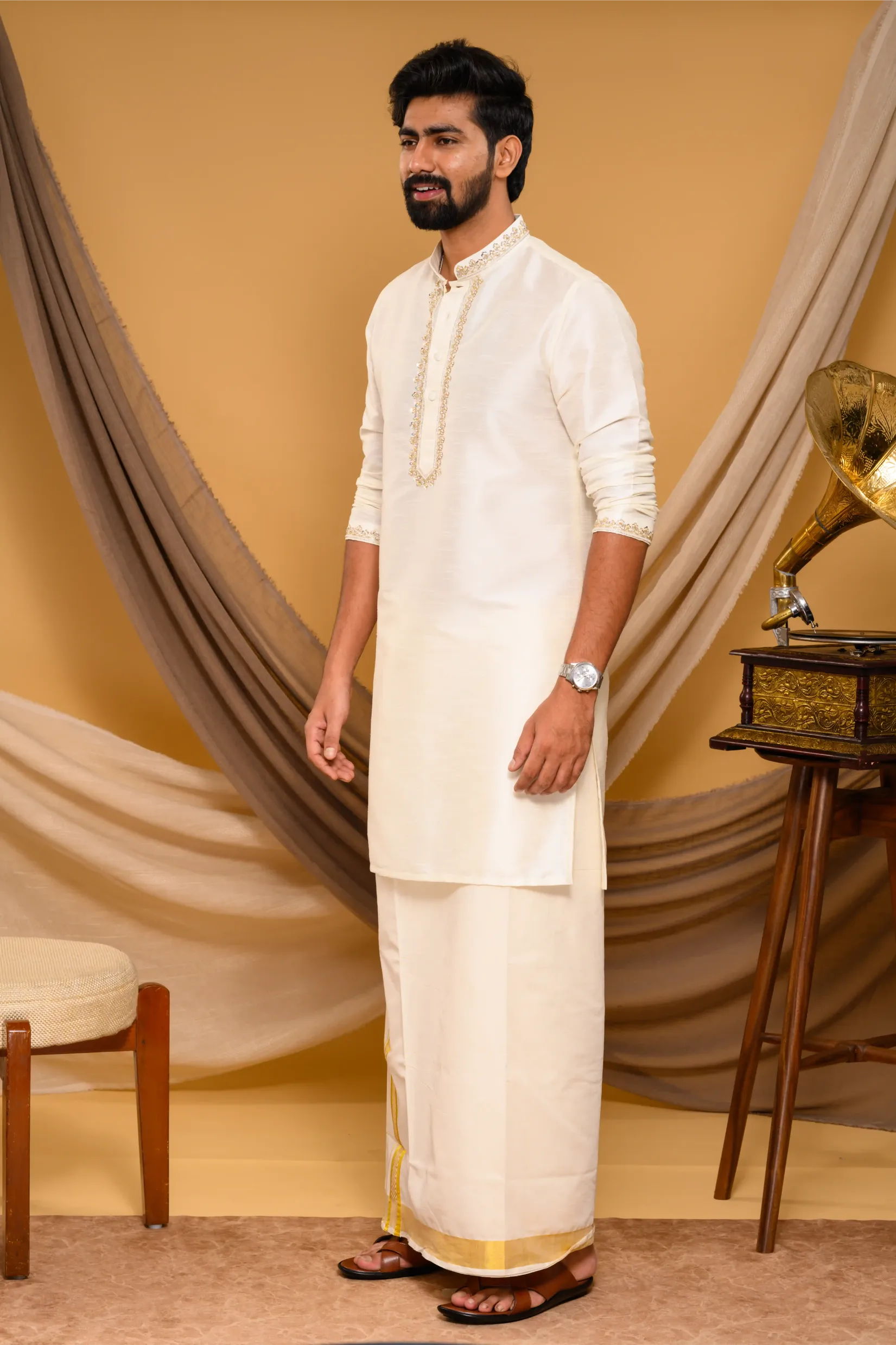 Off- White Silk Kurta with Hand Embroidery detailing  on Neck, placket edge & sleeve edge - floral body spread work  (Kurta Only)