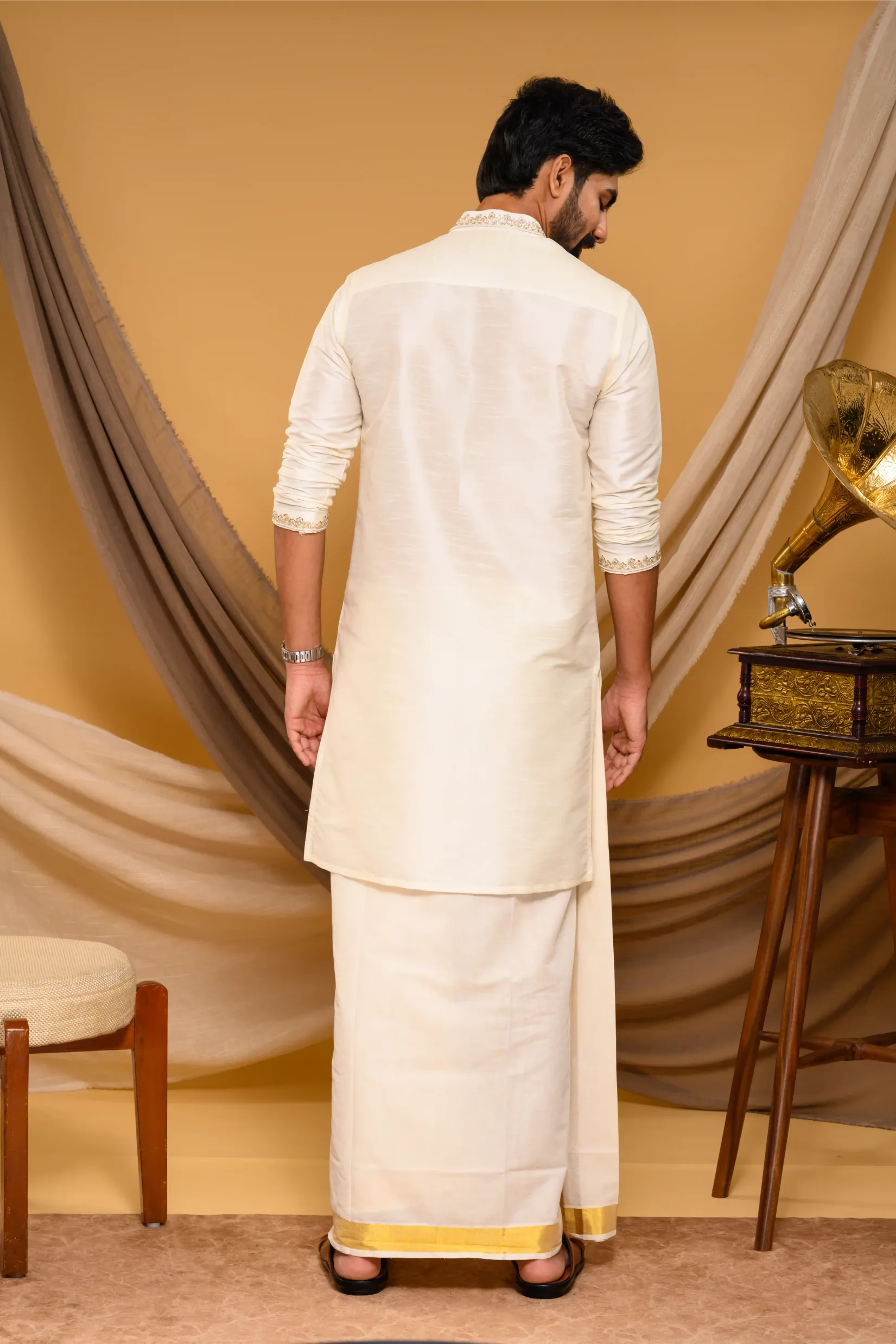 Off- White Silk Kurta with Hand Embroidery detailing  on Neck, placket edge & sleeve edge - floral body spread work  (Kurta Only)