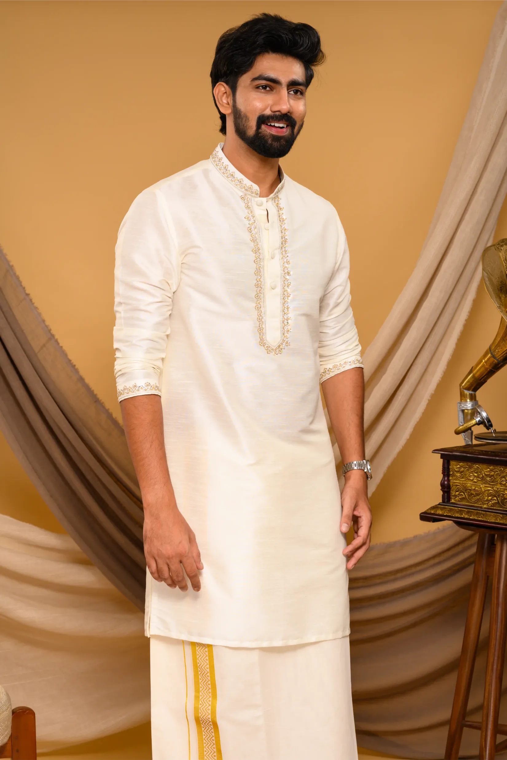 Off- White Silk Kurta with Hand Embroidery detailing  on Neck, placket edge & sleeve edge - floral body spread work  (Kurta Only)