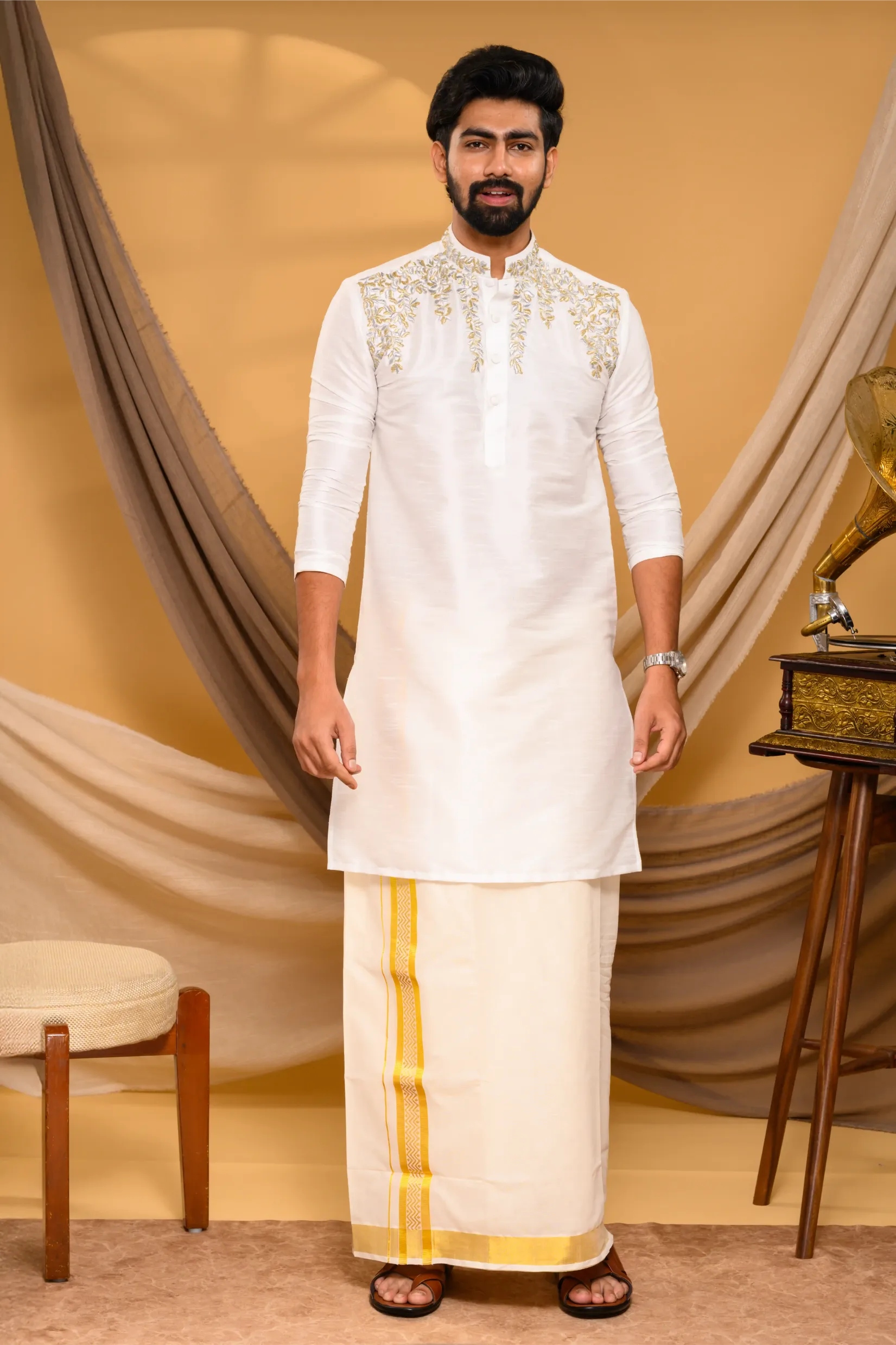 Off- White Silk Kurta with Hand Embroidery detailing  on shoulder line & neck (Kurta Only)