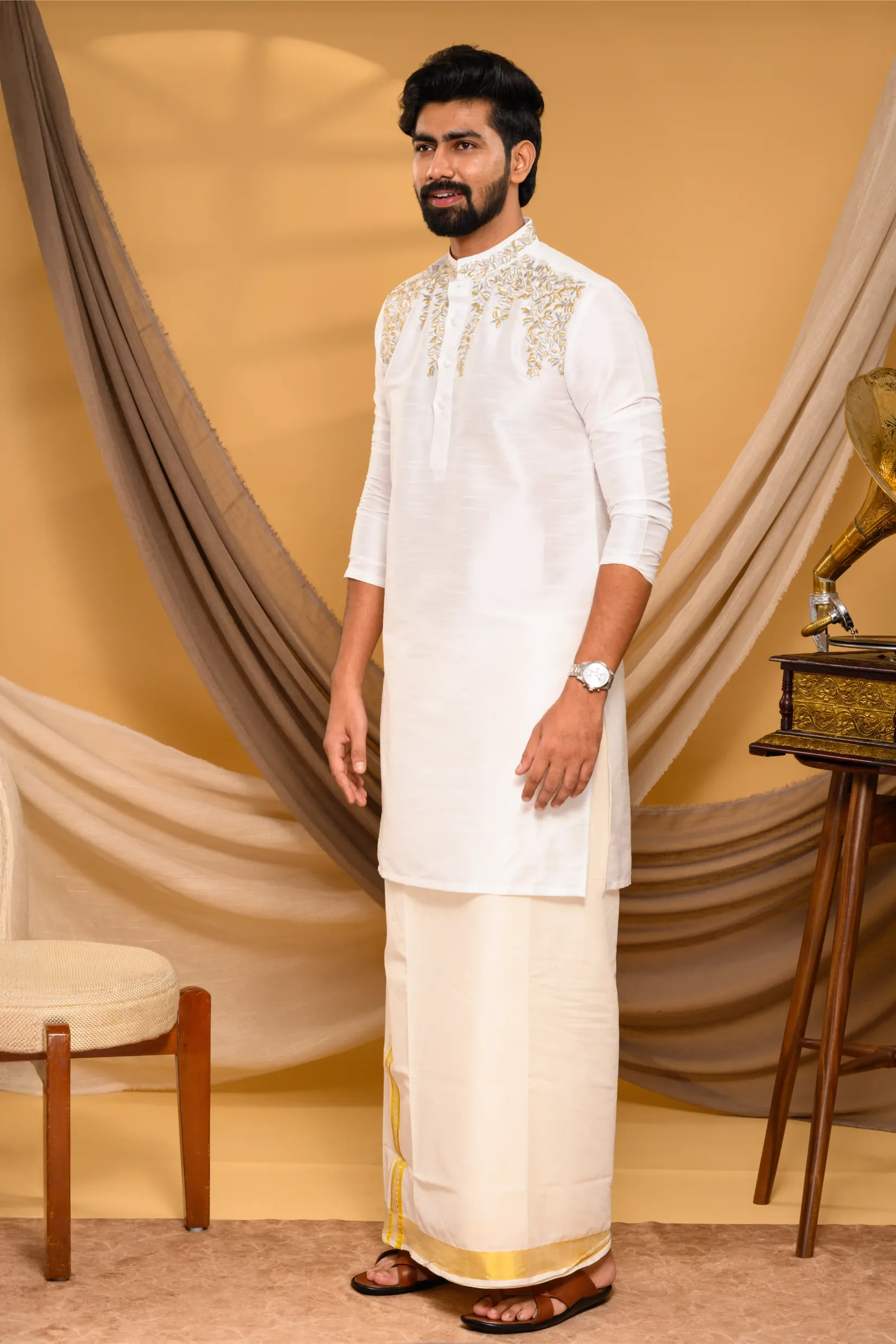 Off- White Silk Kurta with Hand Embroidery detailing  on shoulder line & neck (Kurta Only)