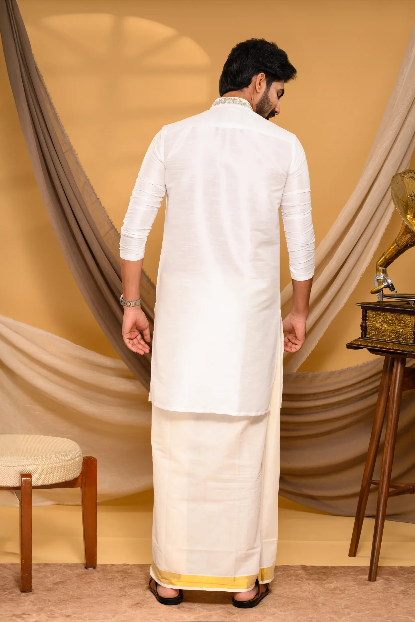 Off- White Silk Kurta with Hand Embroidery detailing  on shoulder line & neck (Kurta Only)