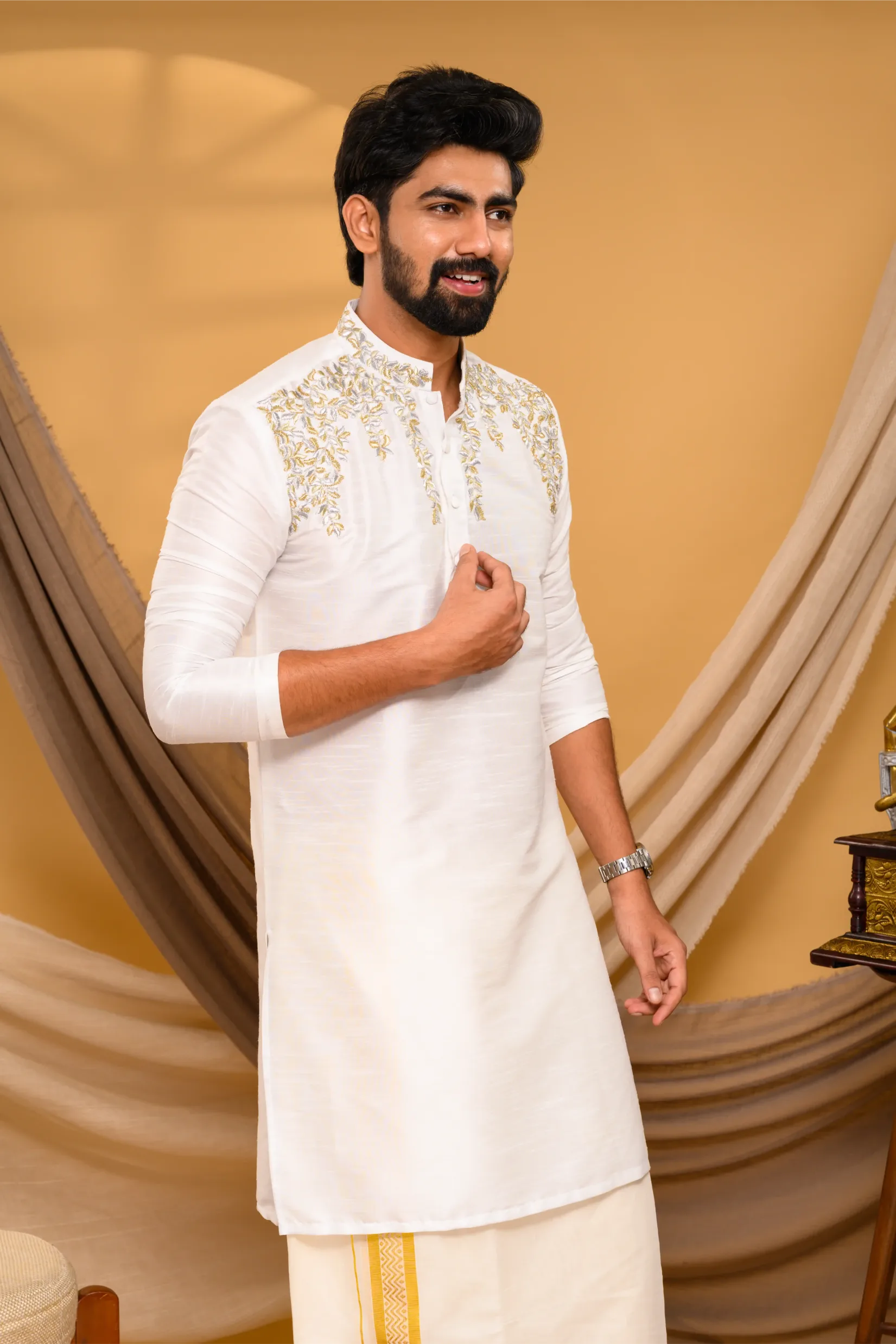 Off- White Silk Kurta with Hand Embroidery detailing  on shoulder line & neck (Kurta Only)