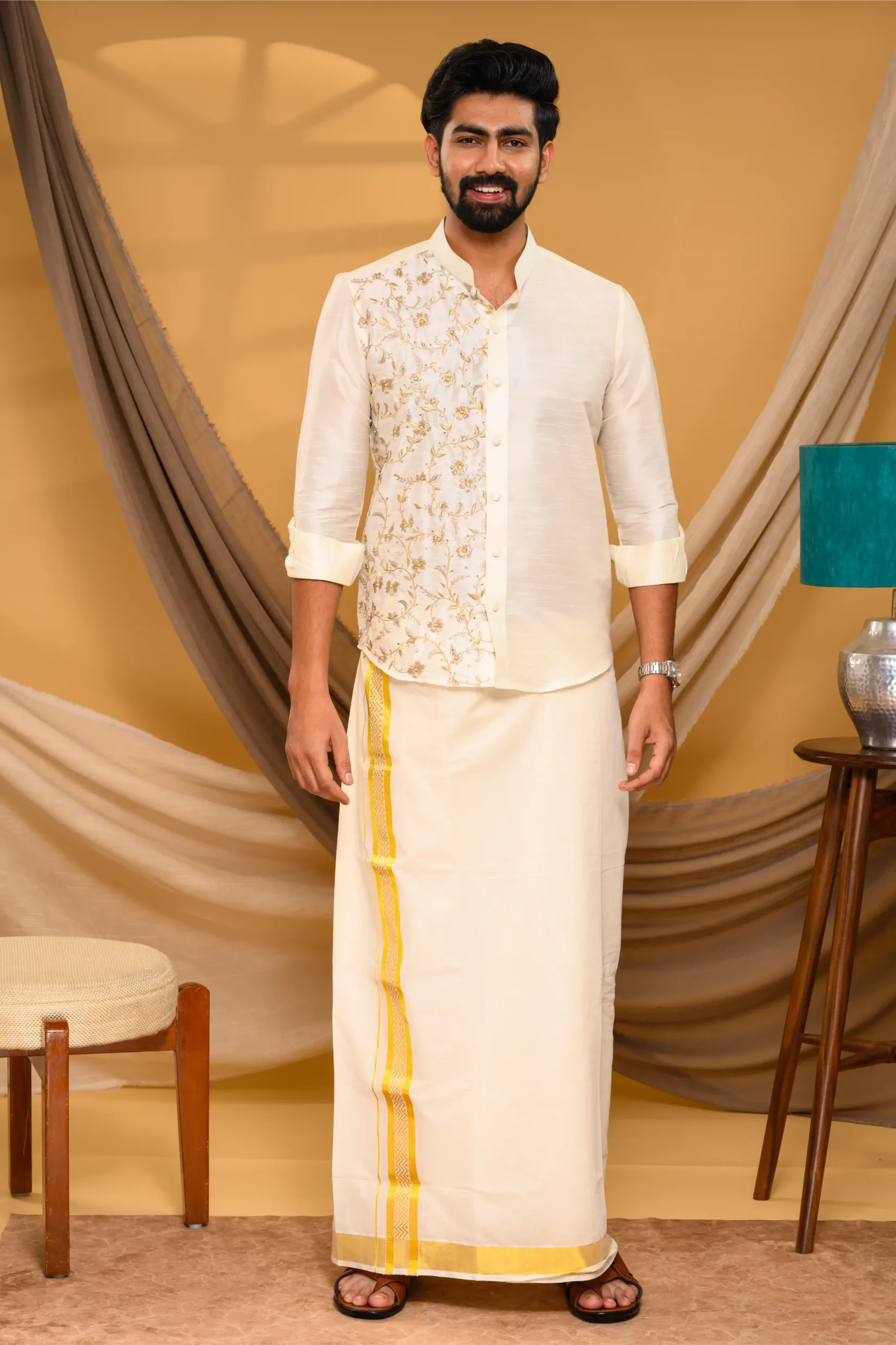 Off White  Traditional Shirt with Golden Handwork detailing on Sinlge Side Bodice (Shirt Only)