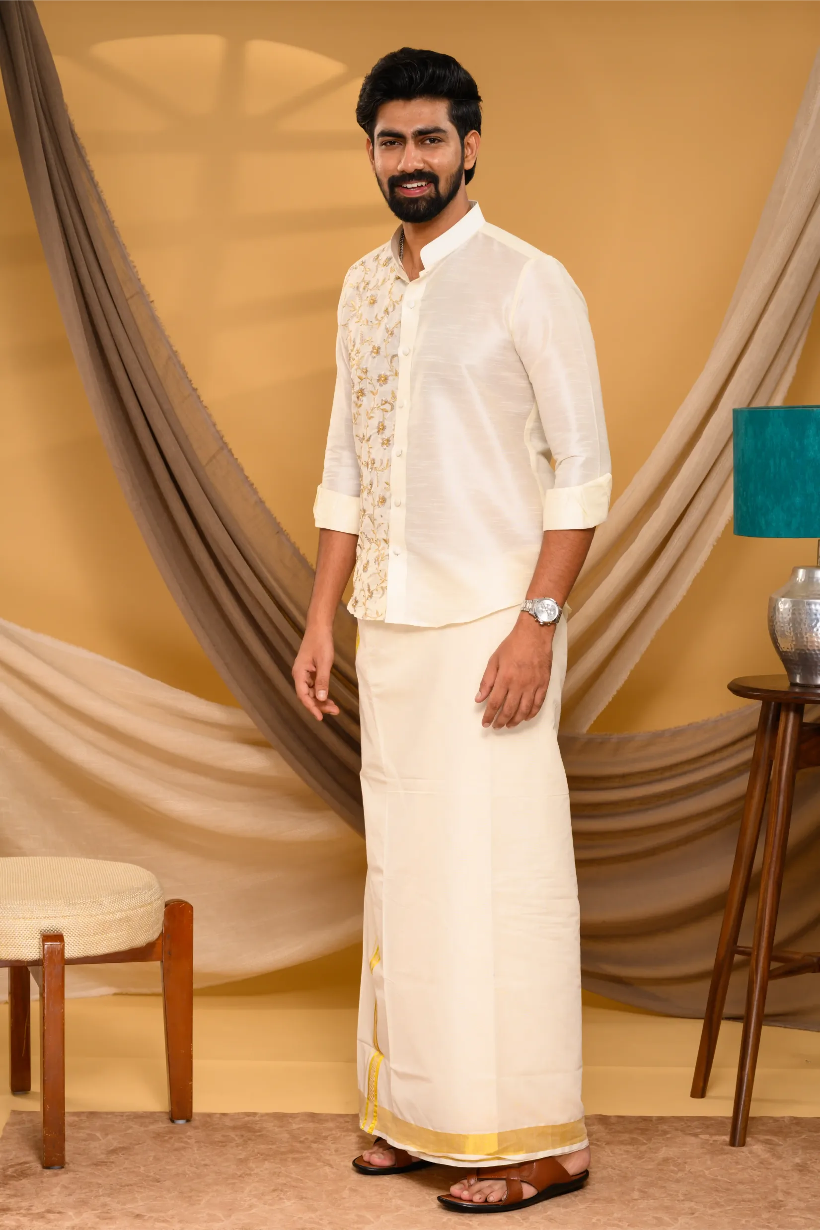 Off White  Traditional Shirt with Golden Handwork detailing on Sinlge Side Bodice (Shirt Only)