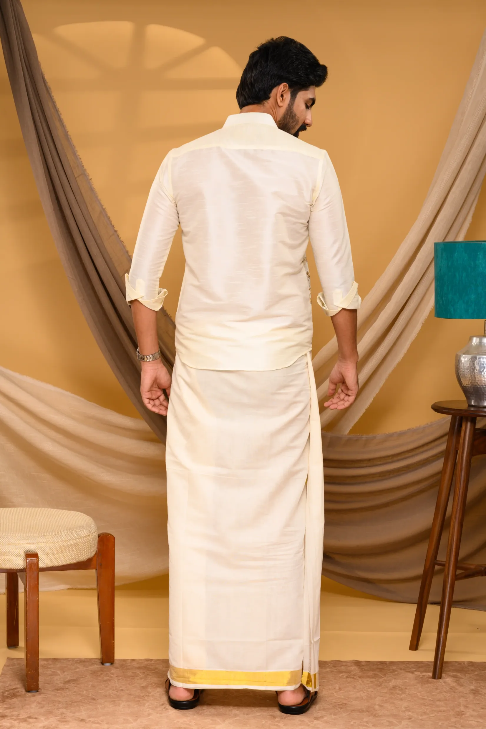 Off White  Traditional Shirt with Golden Handwork detailing on Sinlge Side Bodice (Shirt Only)