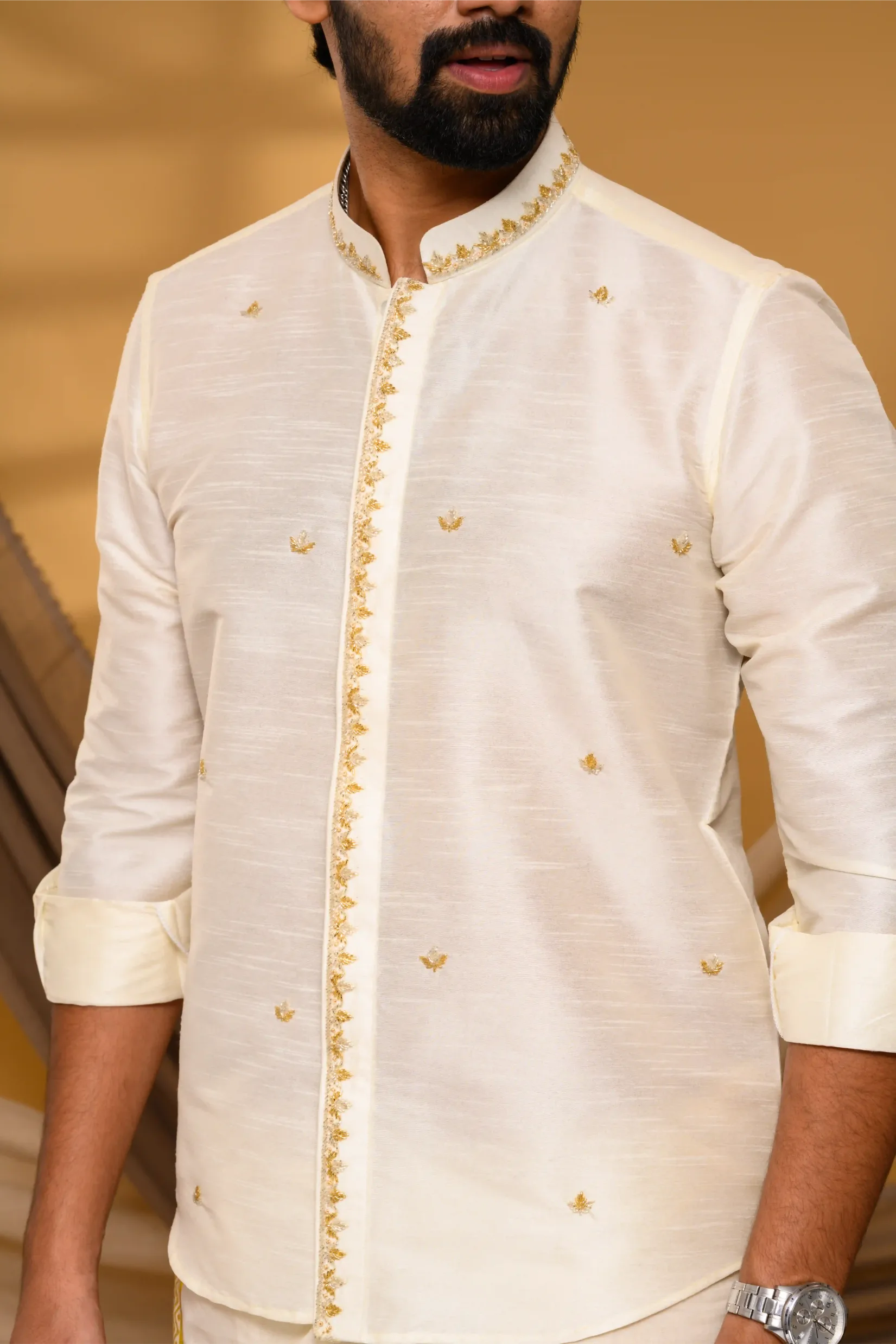 Off White  Traditional Shirt with Golden Handwork detailing  on Neck & concealed placket (Shirt Only)