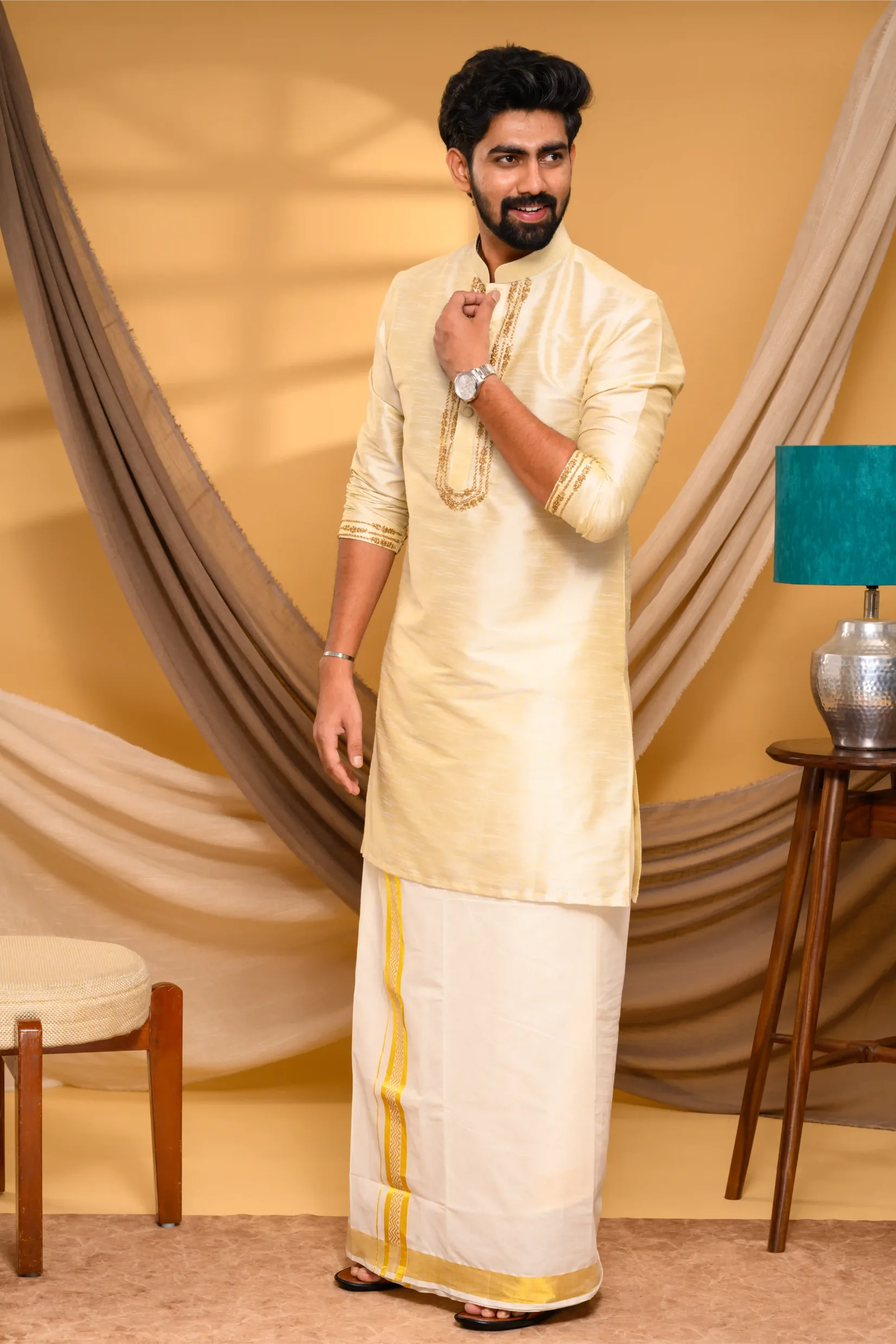 Light Golden Silk Kurta with Golden Chain Handwork detailing  on placket border & sleeve edge (Kurta Only)