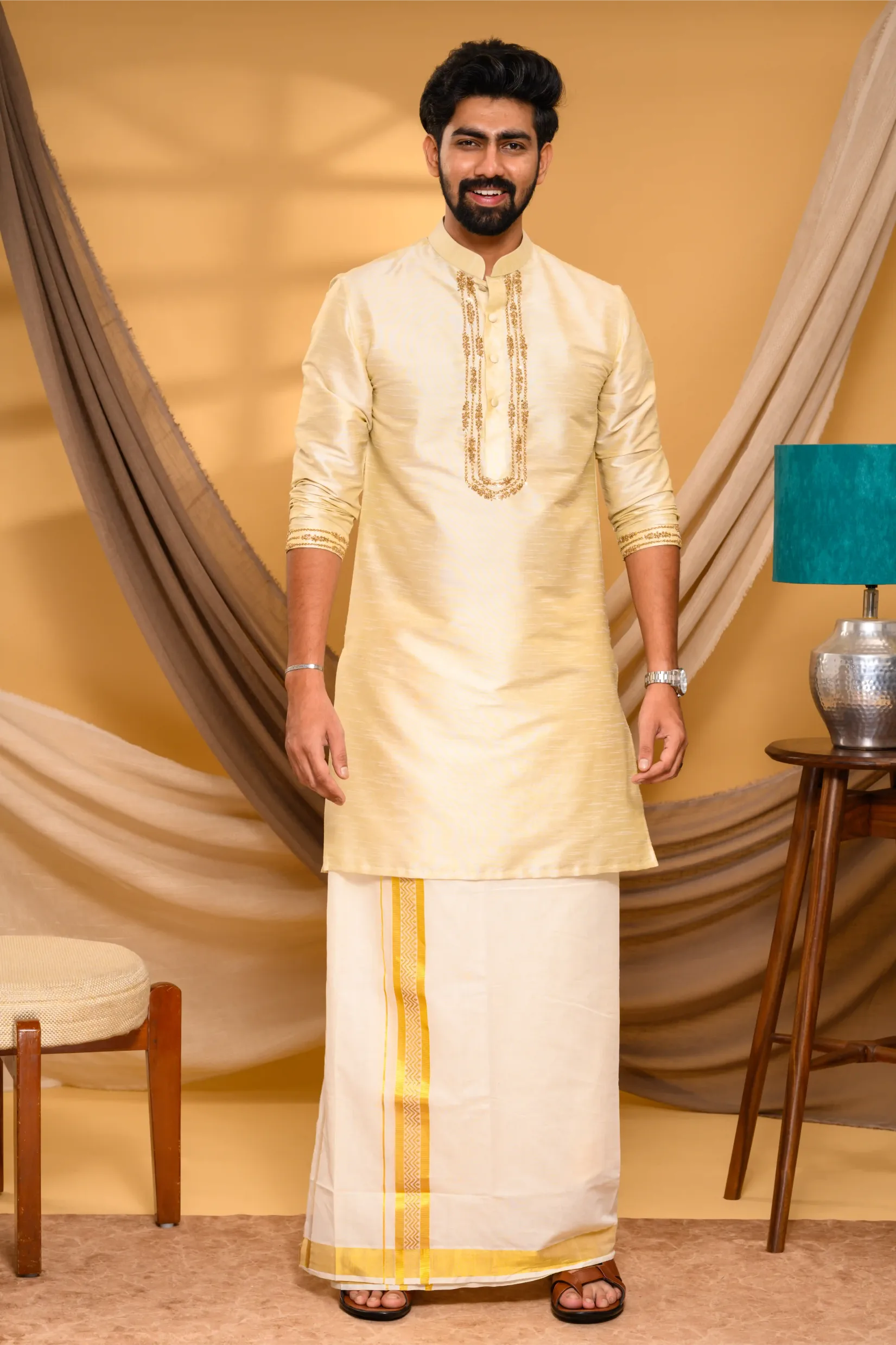 Light Golden Silk Kurta with Golden Chain Handwork detailing  on placket border & sleeve edge (Kurta Only)