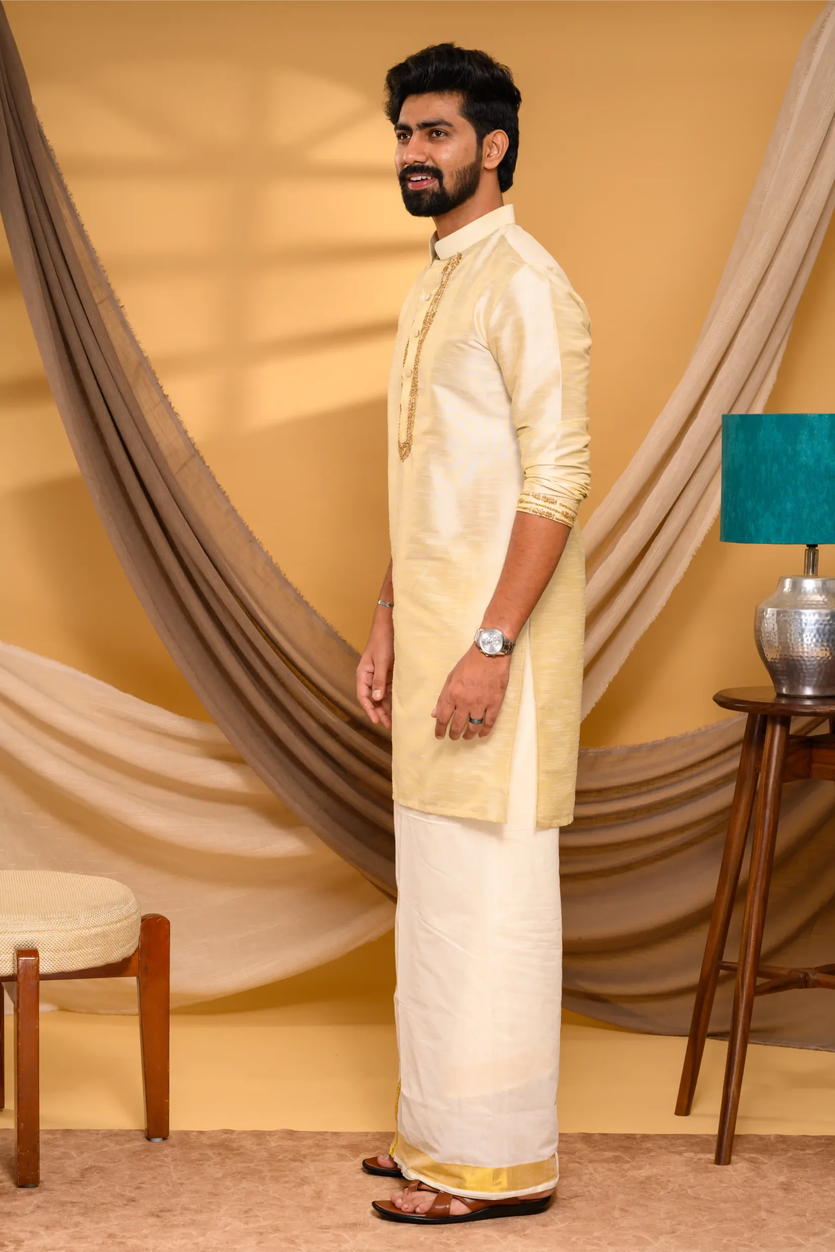 Light Golden Silk Kurta with Golden Chain Handwork detailing  on placket border & sleeve edge (Kurta Only)