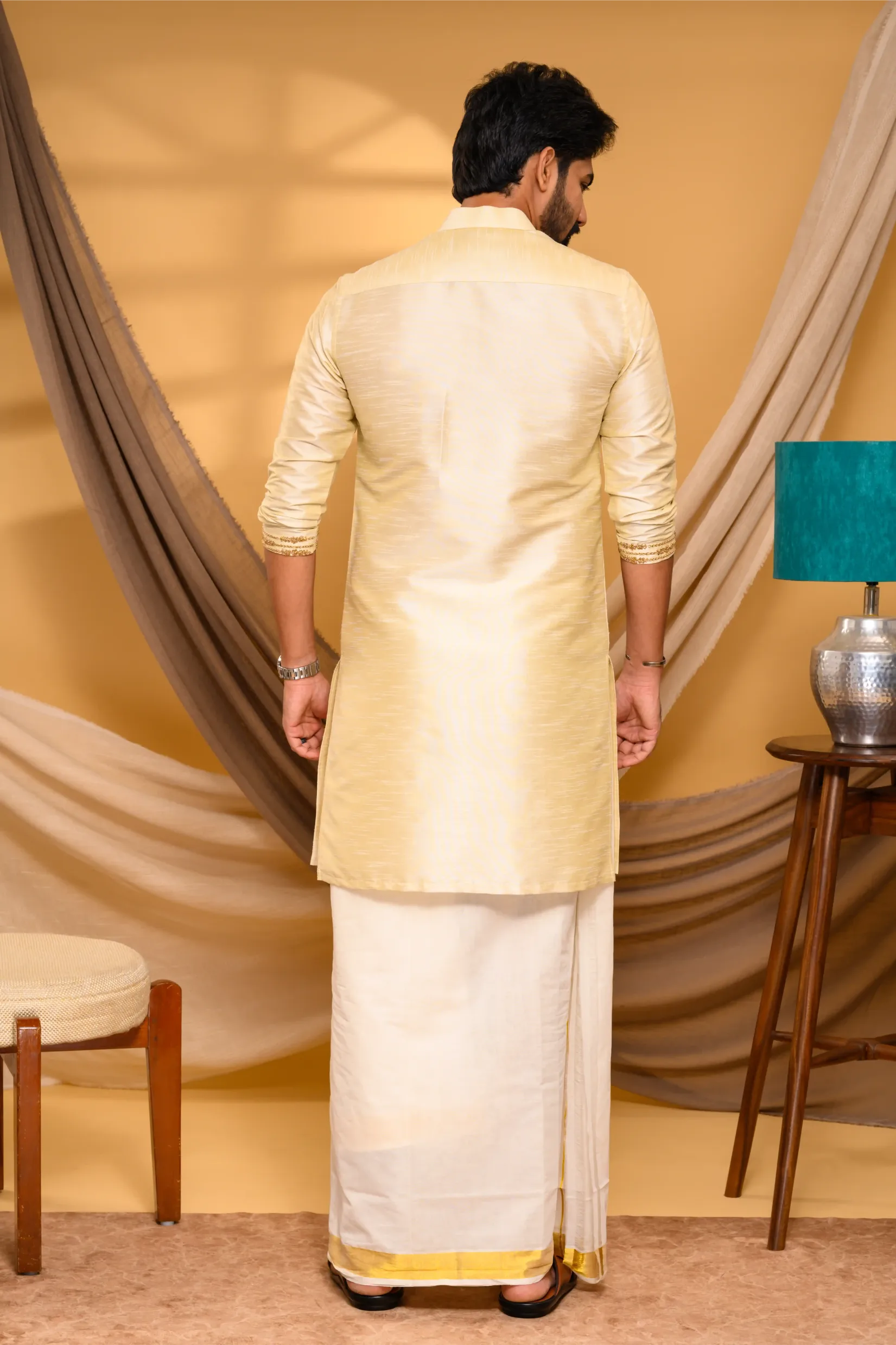 Light Golden Silk Kurta with Golden Chain Handwork detailing  on placket border & sleeve edge (Kurta Only)
