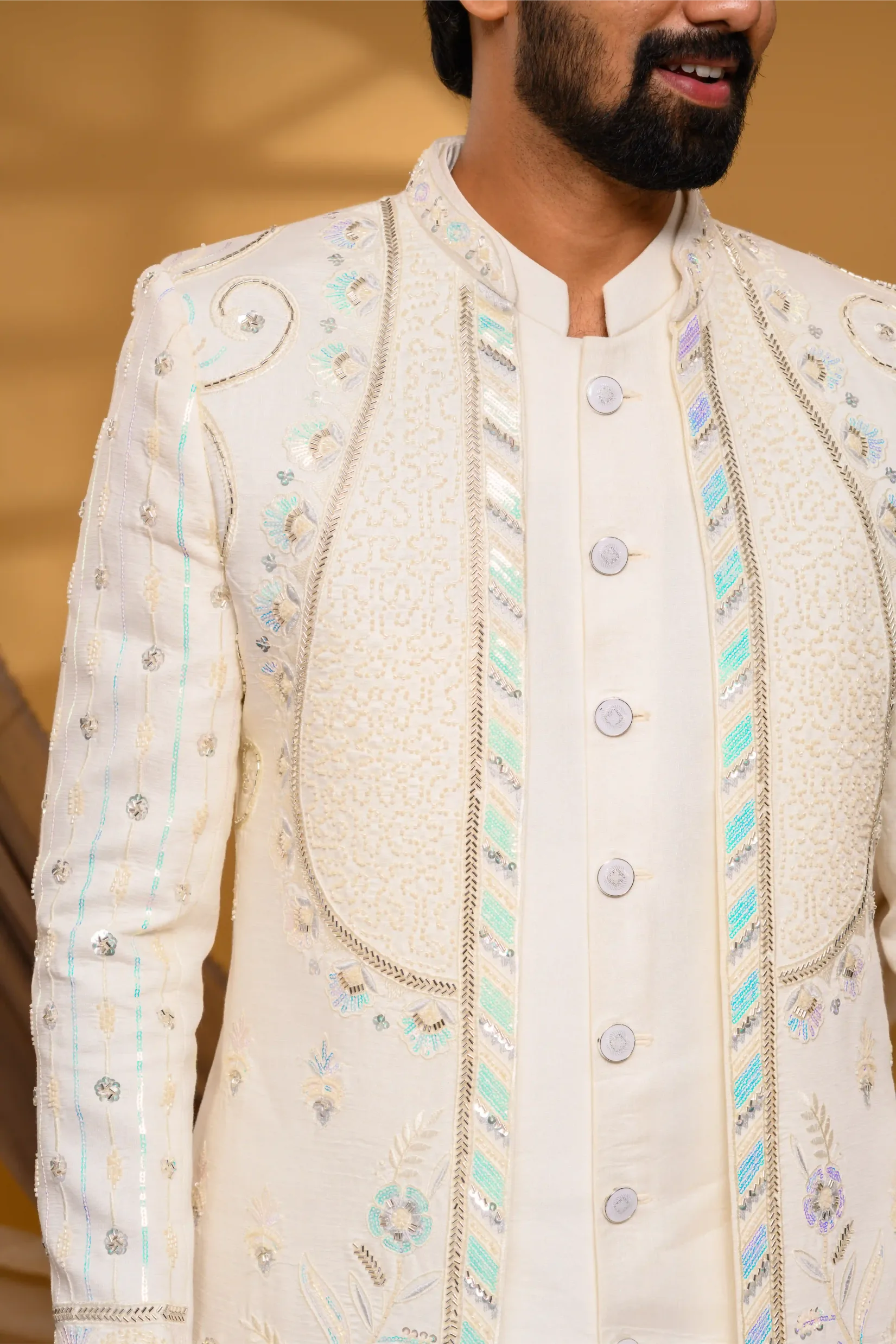 Ivory Shade Open Indo Western Slim Jacket with floral hand embroidery & surface embroidery paired with Kurta & Narrow Pants  (Set of 3)