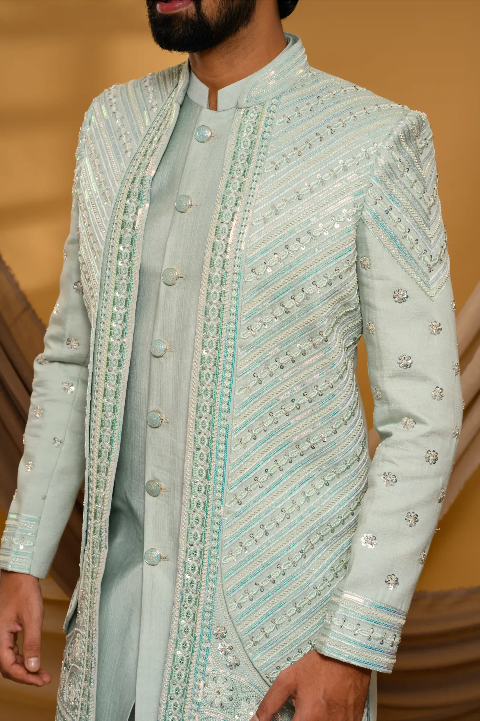Embroidered Pastel Mint Shade Open Indo Western Slim Jacket  paired with Kurta &  Narrow Pants  (Set of 3)